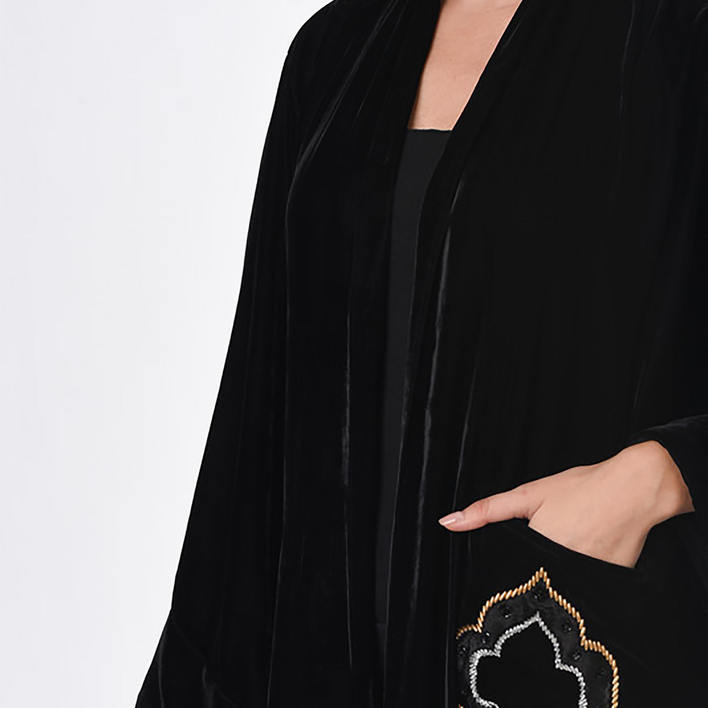MOiSTREET Black Embroidered Velvet Abaya with Sheila-women-arabicclothing-abayas-image-2