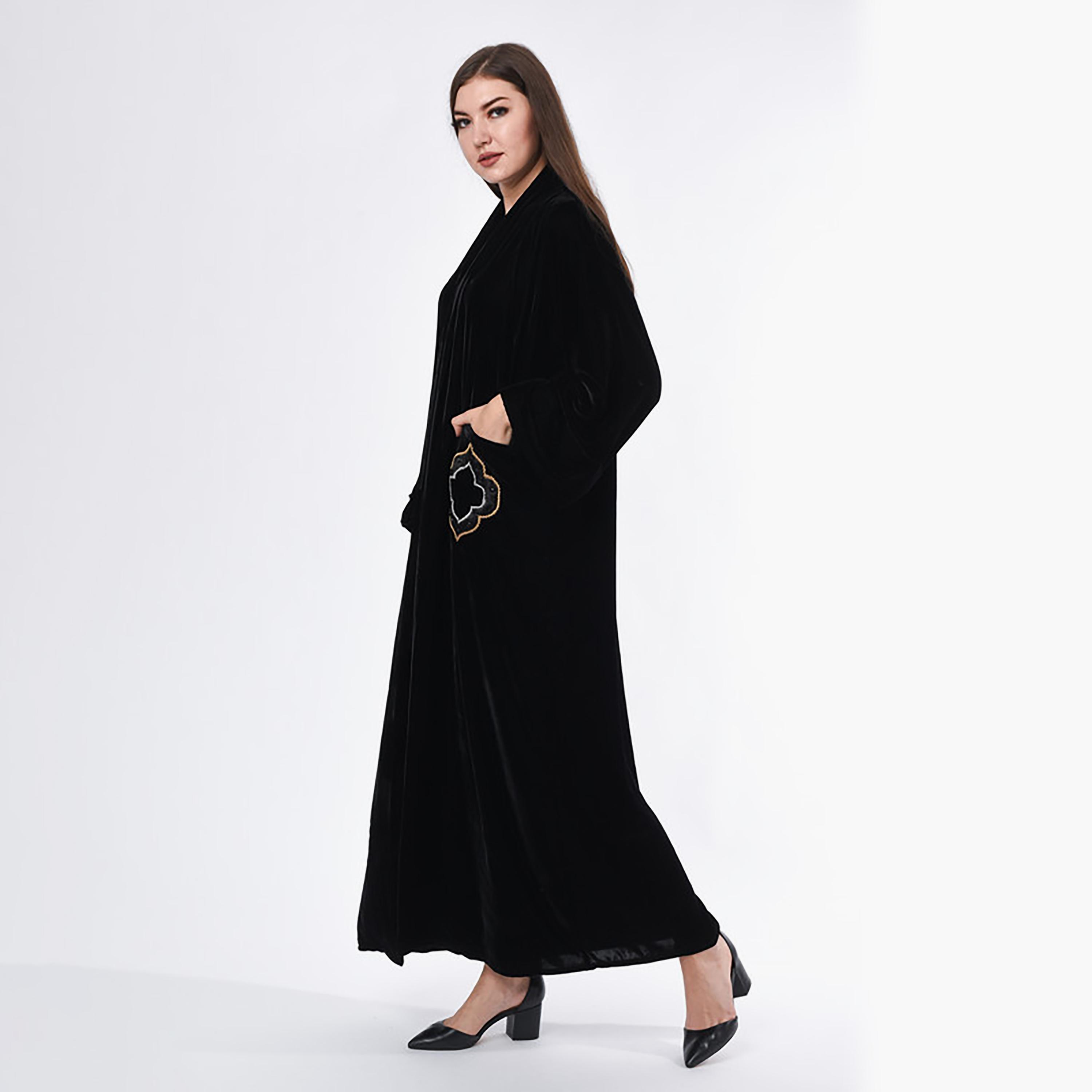 MOiSTREET Black Embroidered Velvet Abaya with Sheila-women-arabicclothing-abayas-image-3