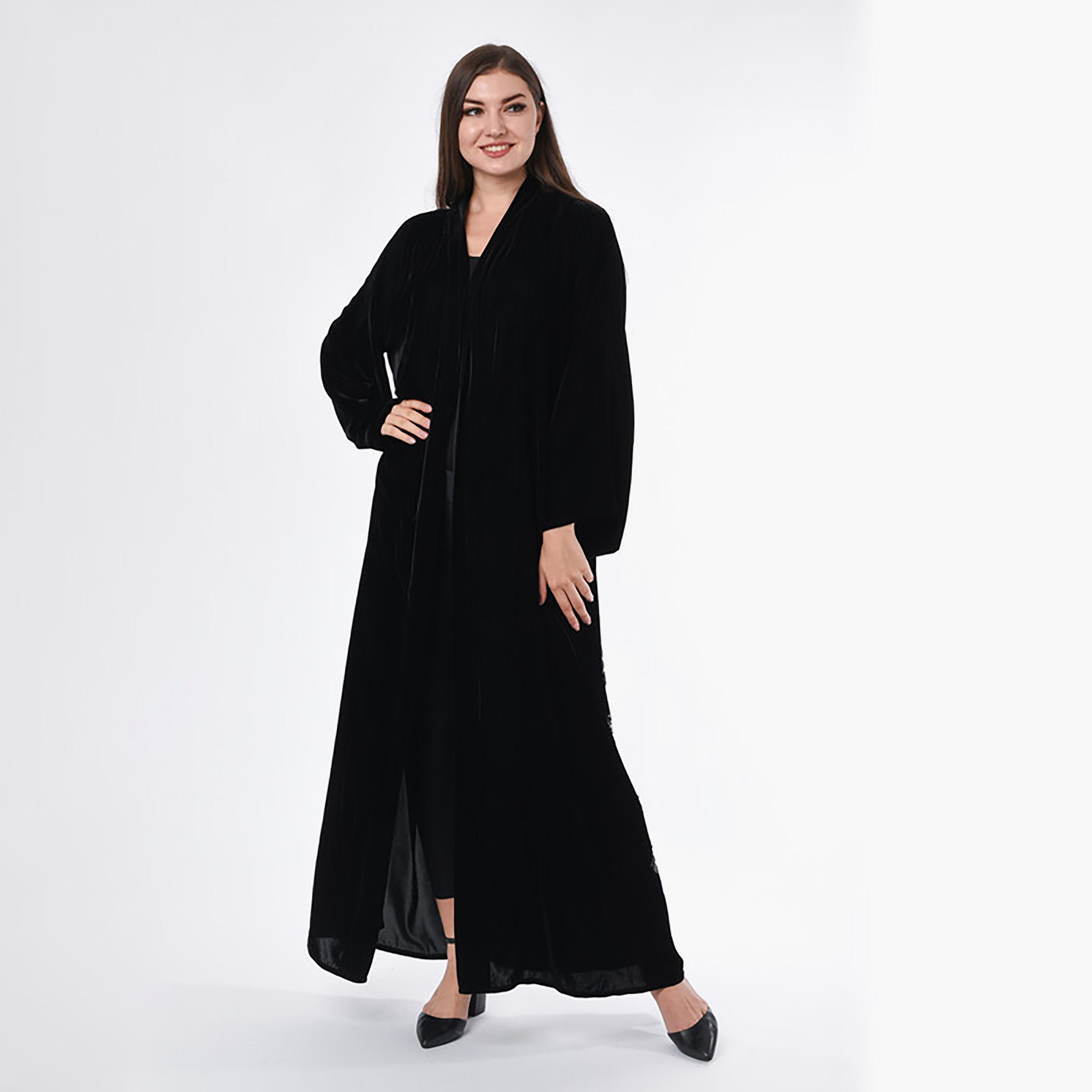 MOiSTREET Black Embroidered Velvet Flared Sleeves Abaya with Sheila-women-arabicclothing-abayas-image-1
