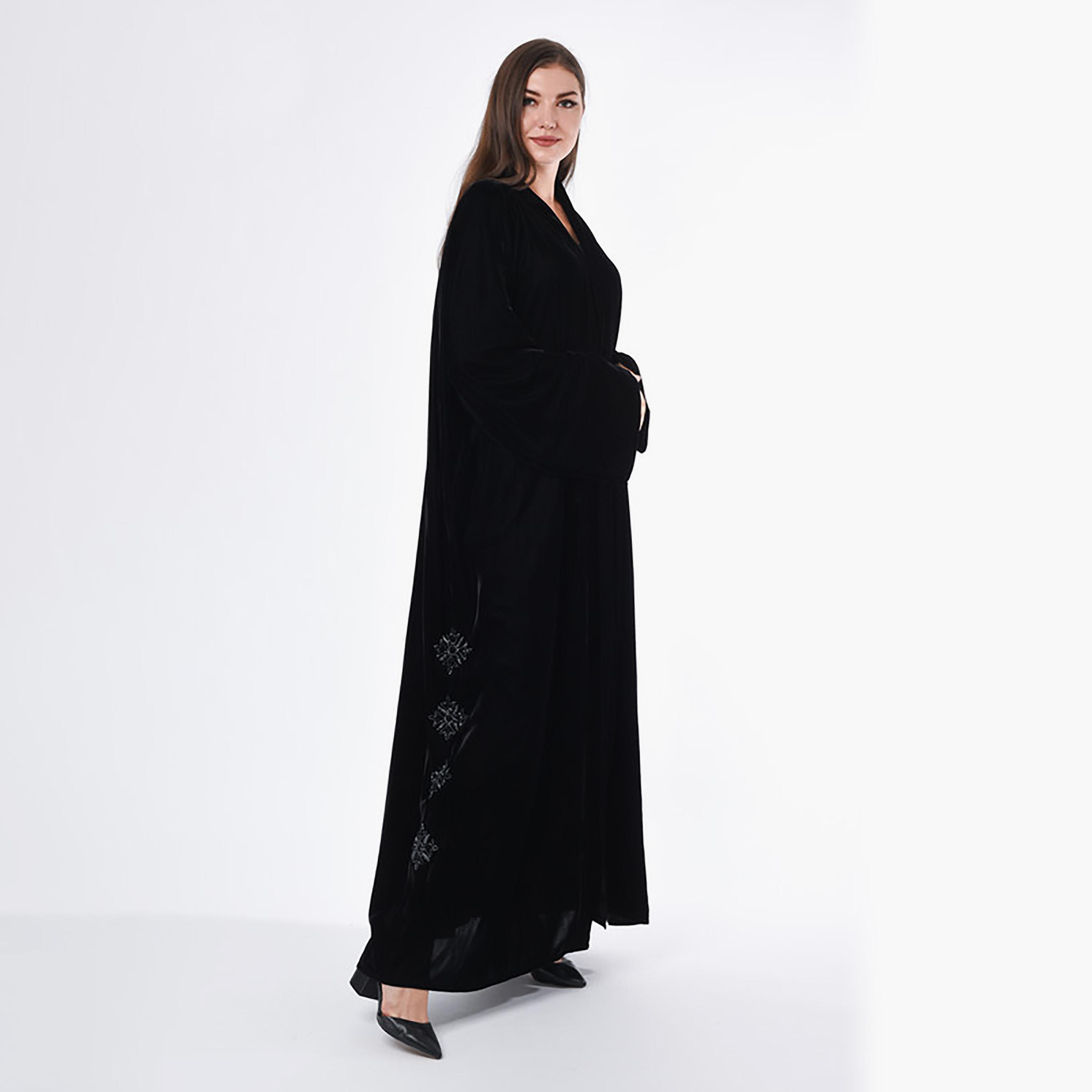 MOiSTREET Black Embroidered Velvet Flared Sleeves Abaya with Sheila-women-arabicclothing-abayas-image-3