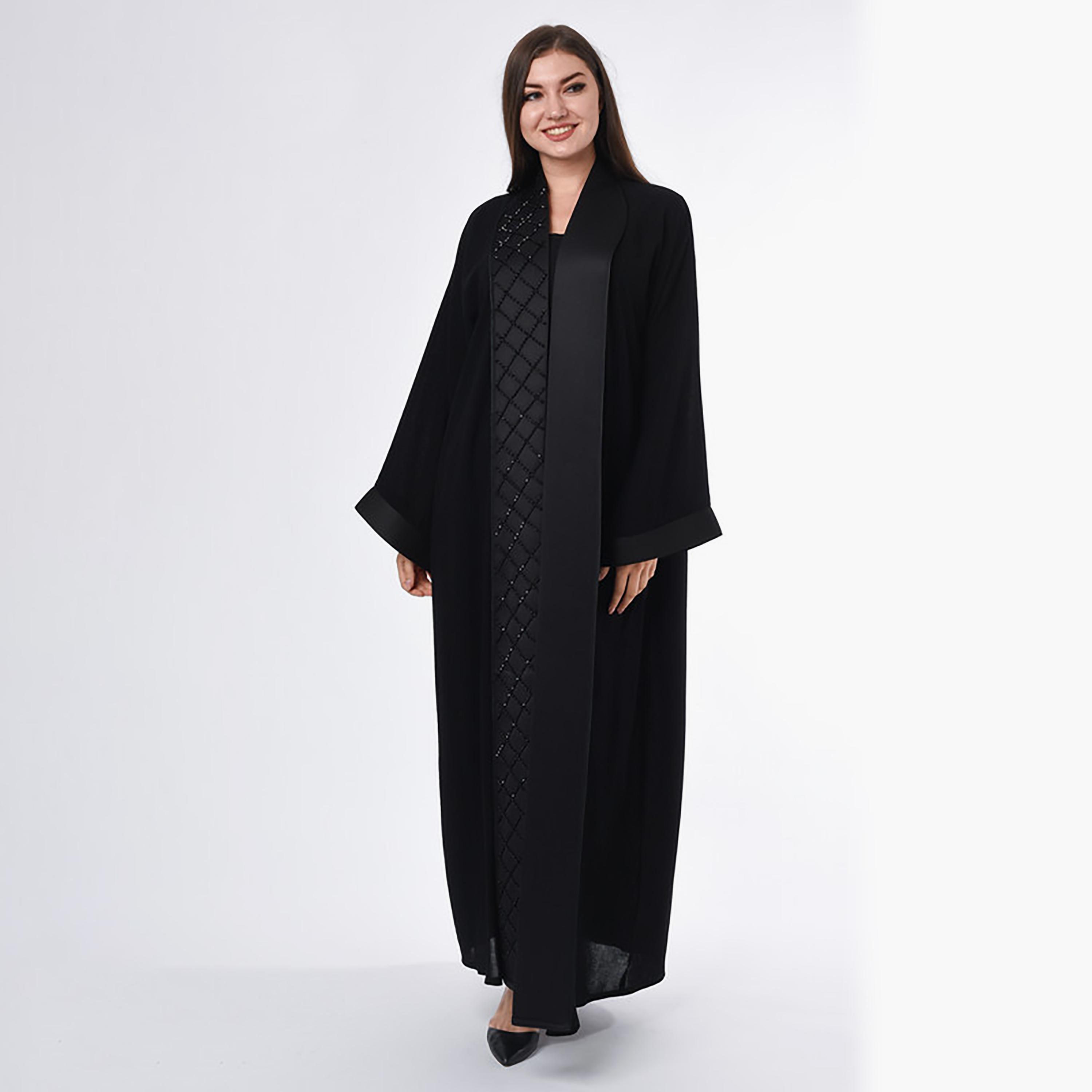MOiSTREET Black Beaded Linen Lapel Collar Flared Sleeves Abaya with Sheila-women-arabicclothing-abayas-image-1