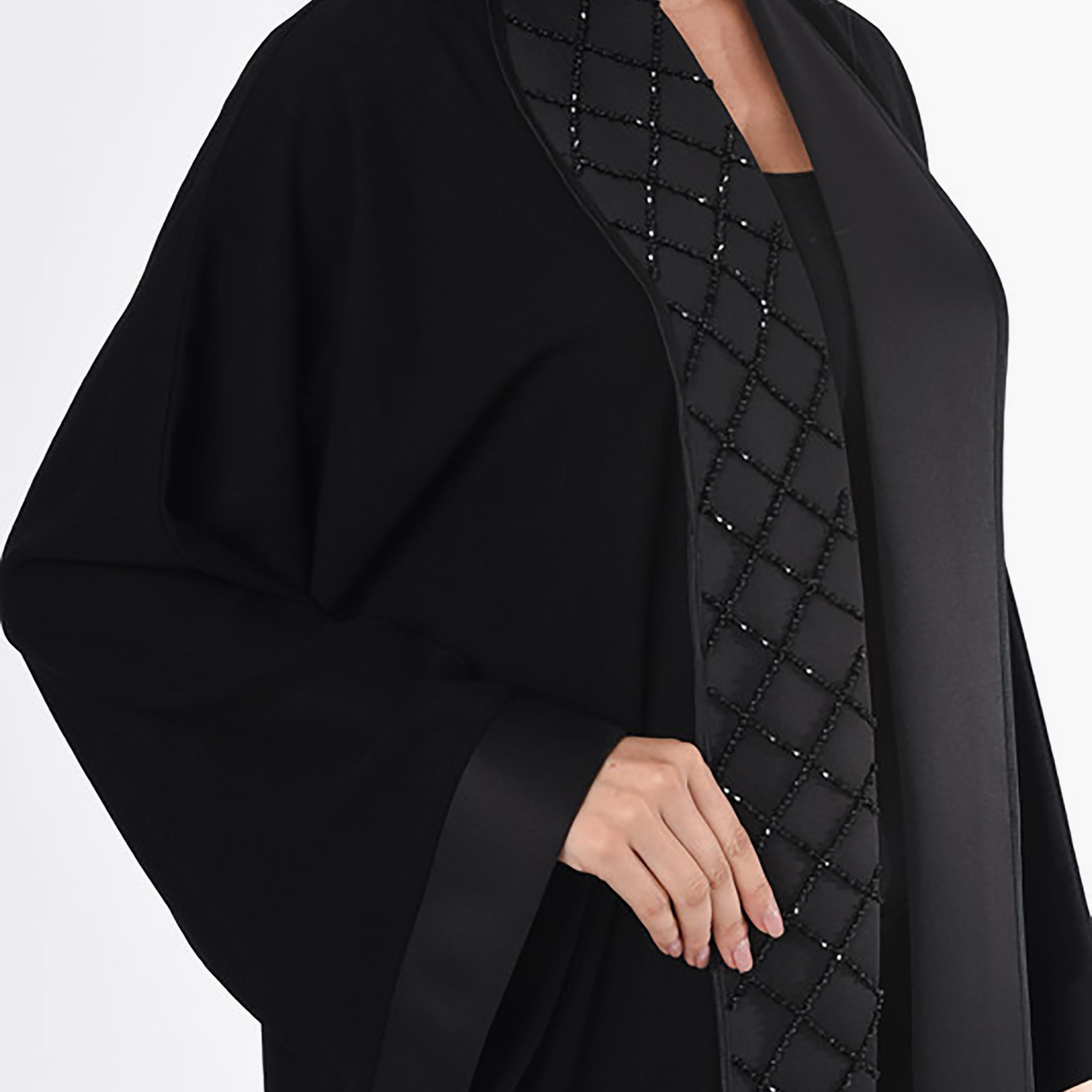 MOiSTREET Black Beaded Linen Lapel Collar Flared Sleeves Abaya with Sheila-women-arabicclothing-abayas-image-2