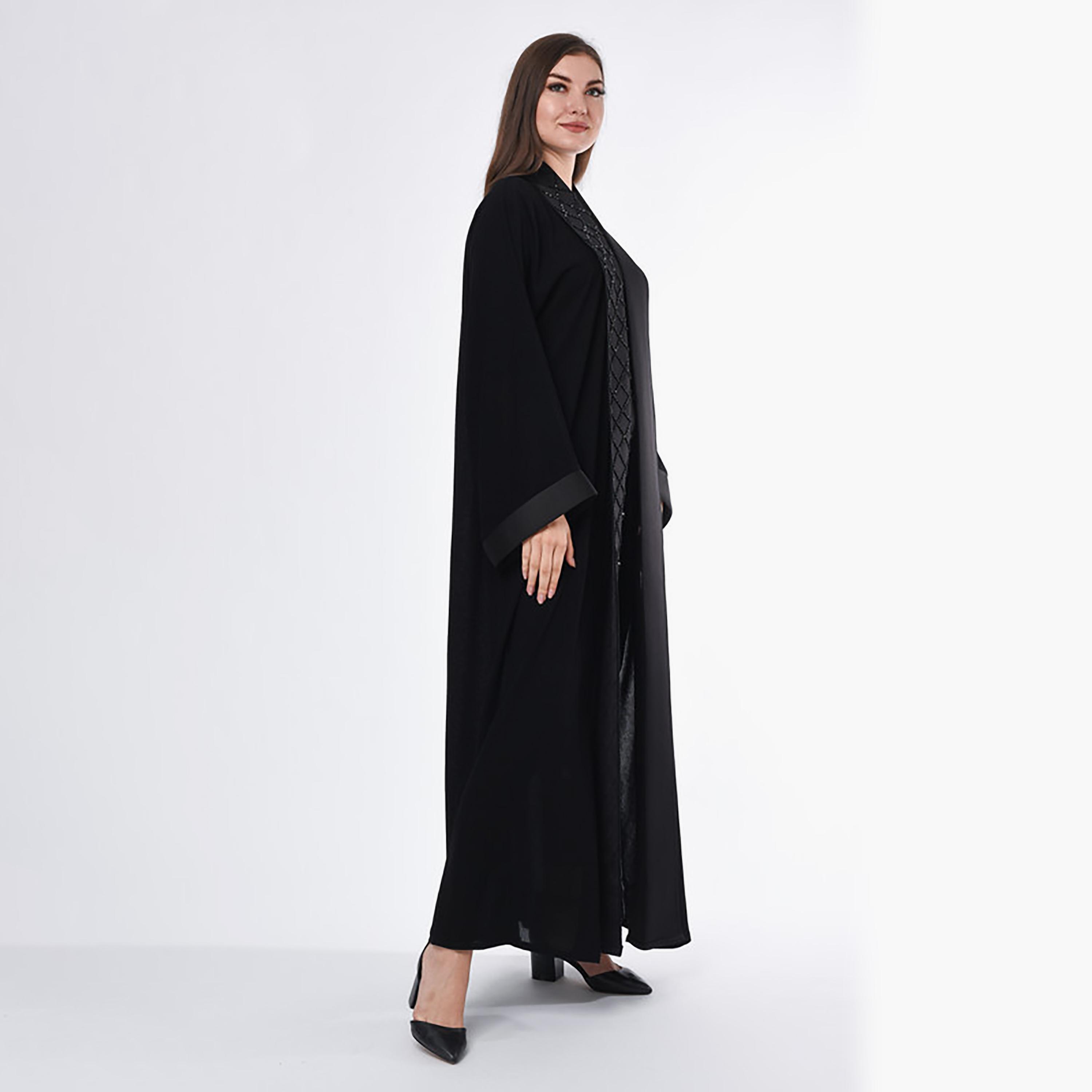 MOiSTREET Black Beaded Linen Lapel Collar Flared Sleeves Abaya with Sheila-women-arabicclothing-abayas-image-3
