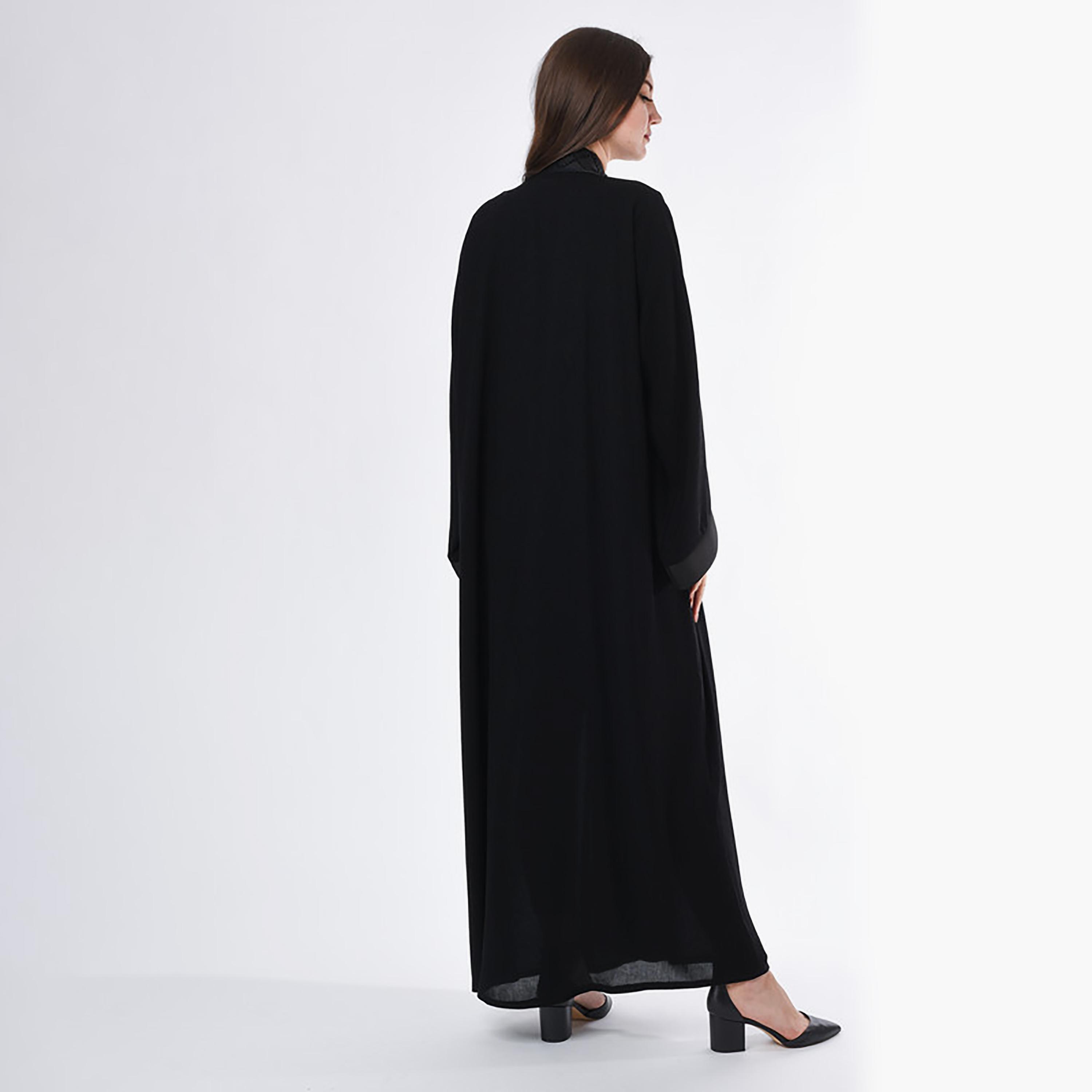 MOiSTREET Black Beaded Linen Lapel Collar Flared Sleeves Abaya with Sheila-women-arabicclothing-abayas-image-4
