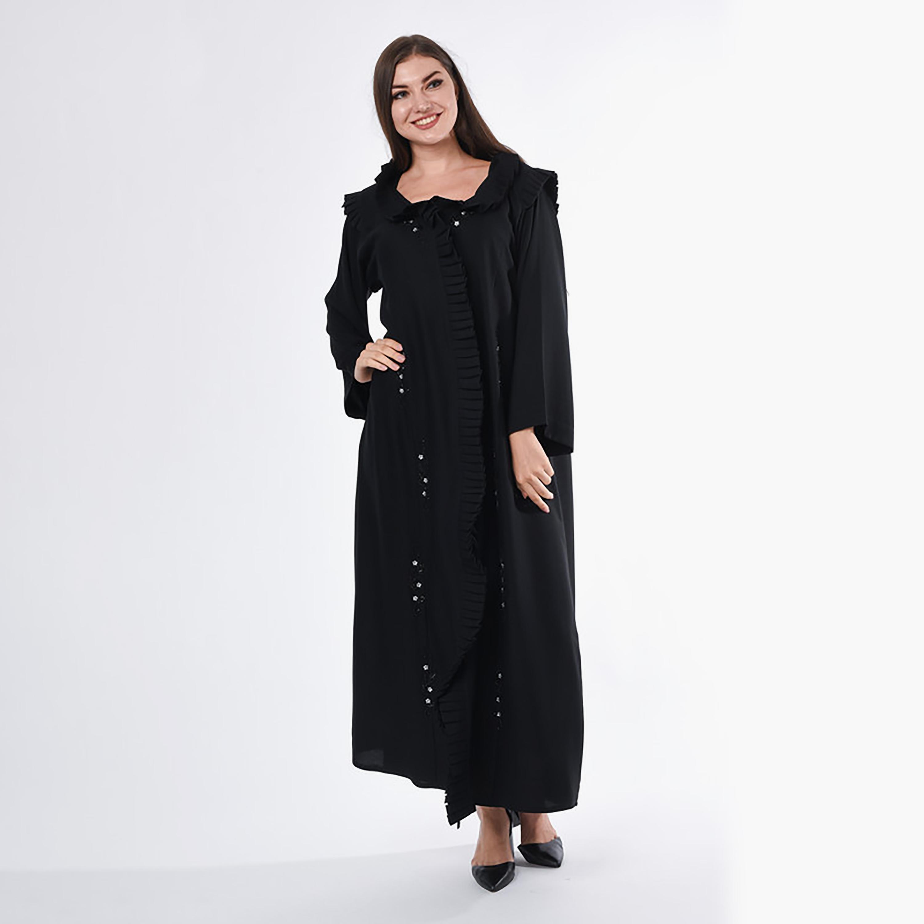 MOiSTREET Black Pleated & Beaded Linen Abaya with Sheila-women-arabicclothing-abayas-image-1