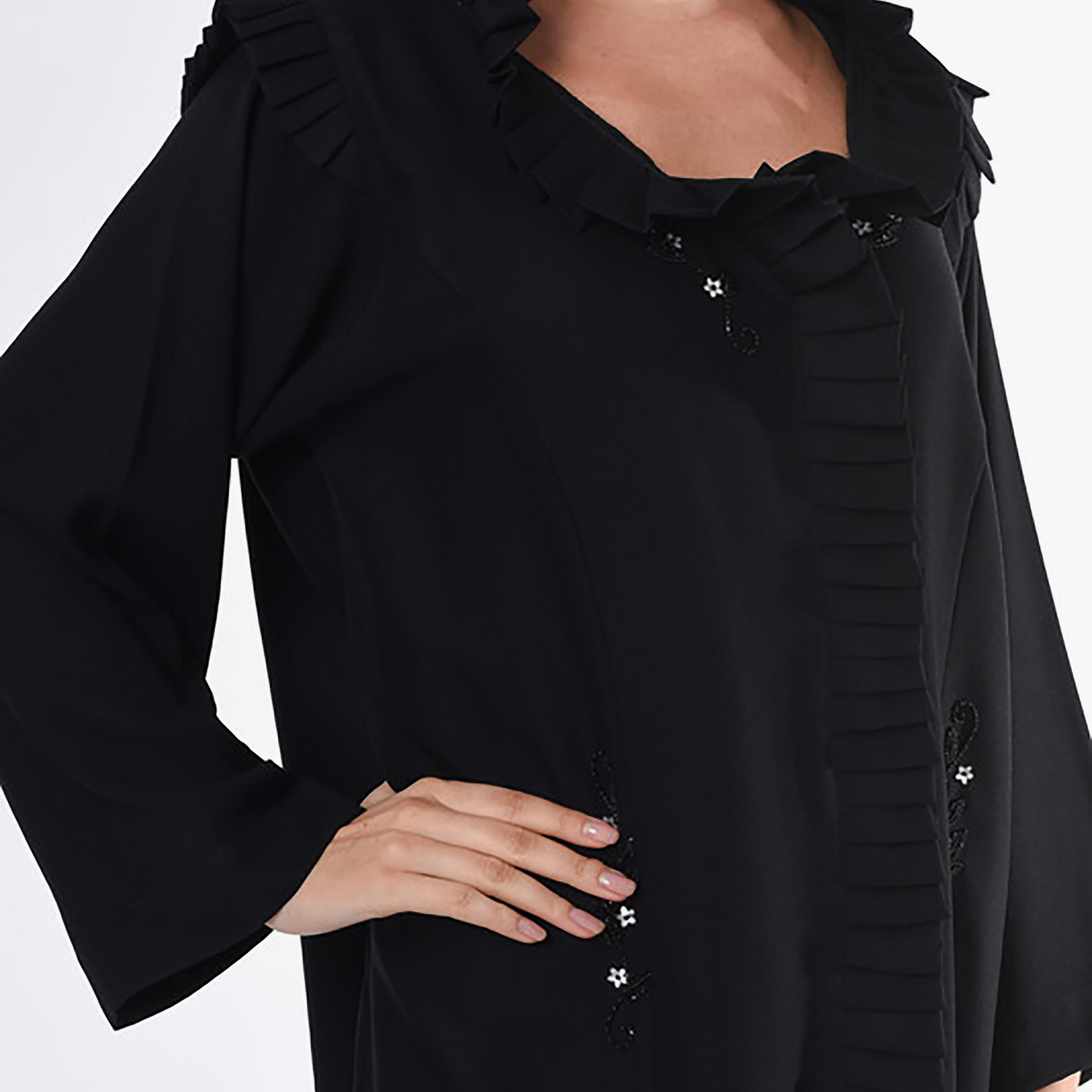 MOiSTREET Black Pleated & Beaded Linen Abaya with Sheila-women-arabicclothing-abayas-image-2