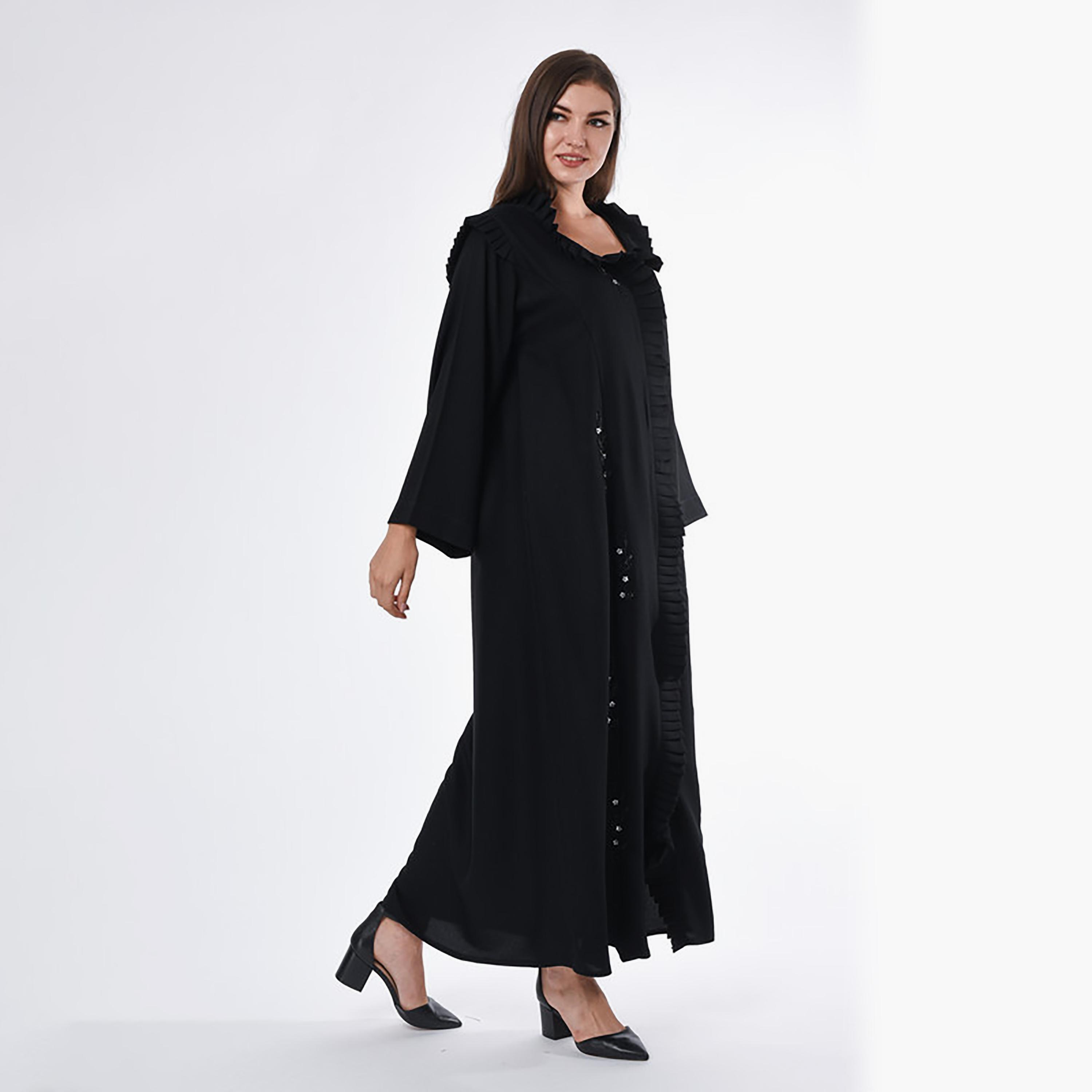 MOiSTREET Black Pleated & Beaded Linen Abaya with Sheila-women-arabicclothing-abayas-image-3