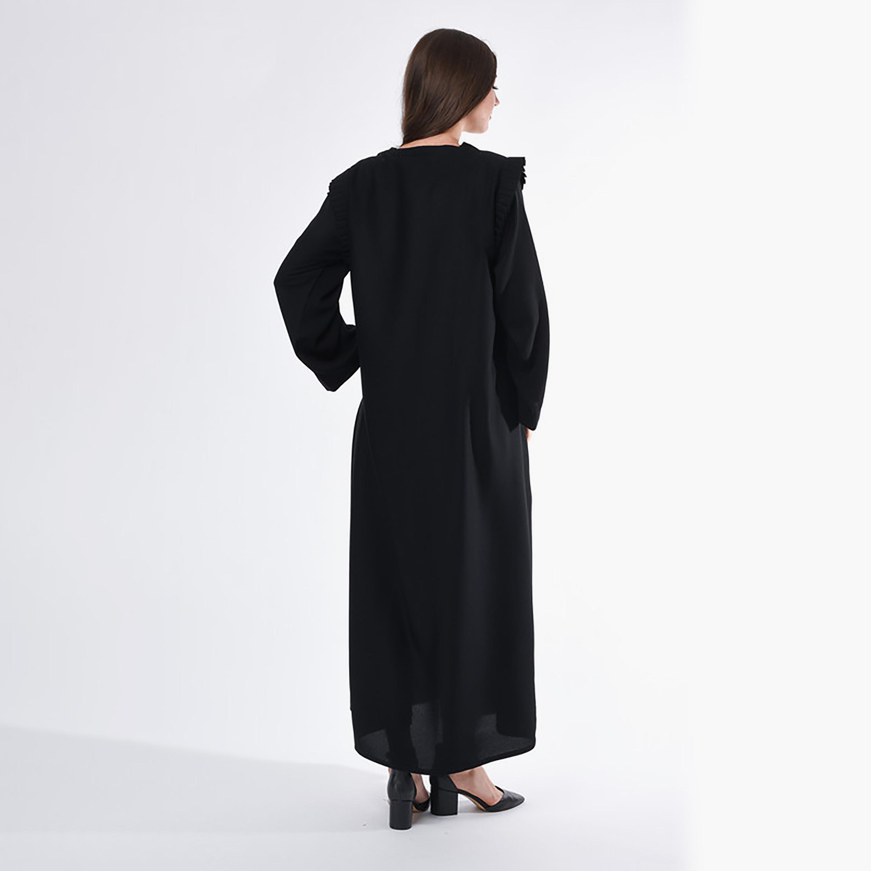 MOiSTREET Black Pleated & Beaded Linen Abaya with Sheila-women-arabicclothing-abayas-image-4