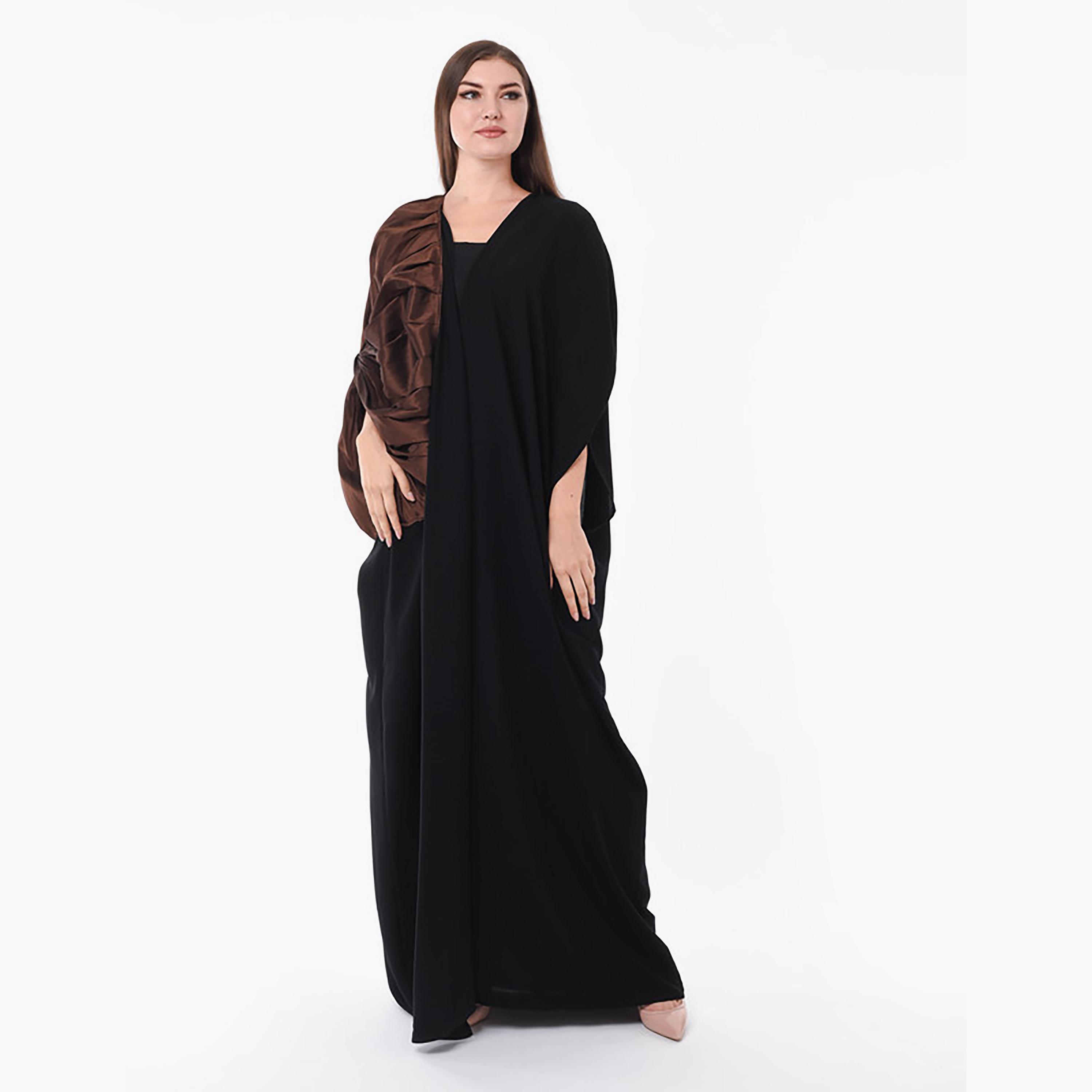 MOiSTREET Black Pleated Linen Slit Sleeves Abaya with Sheila-women-arabicclothing-abayas-image-1