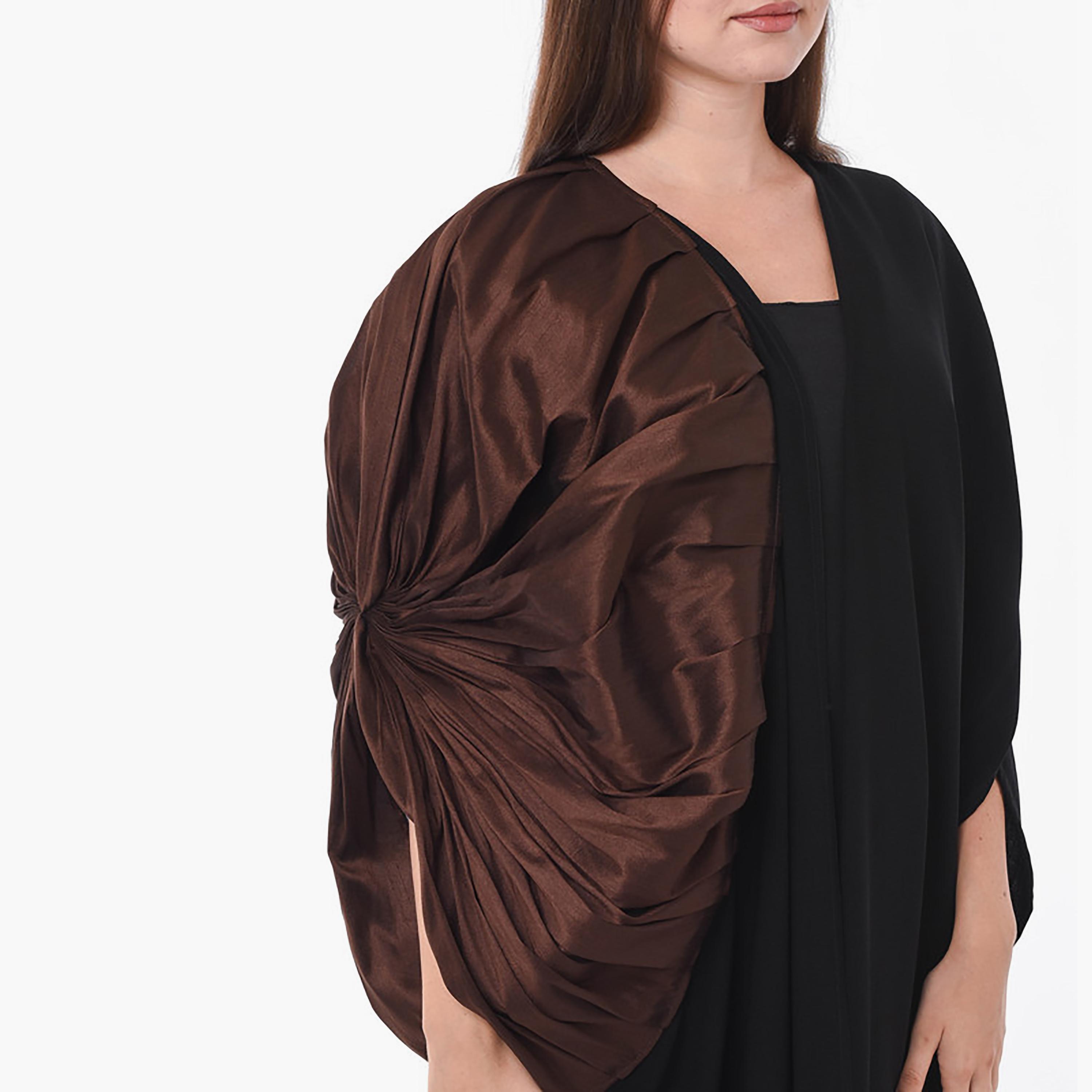 MOiSTREET Black Pleated Linen Slit Sleeves Abaya with Sheila-women-arabicclothing-abayas-image-2