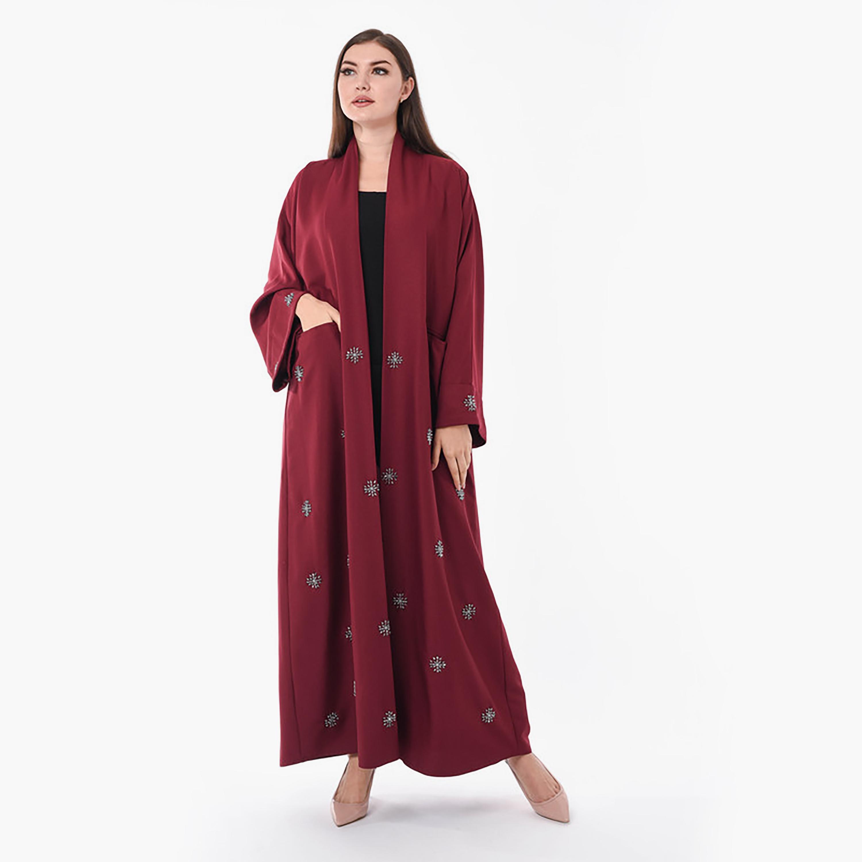 MOiSTREET Maroon Beaded Crepe Flared Sleeves Abaya with Sheila-women-arabicclothing-abayas-image-1