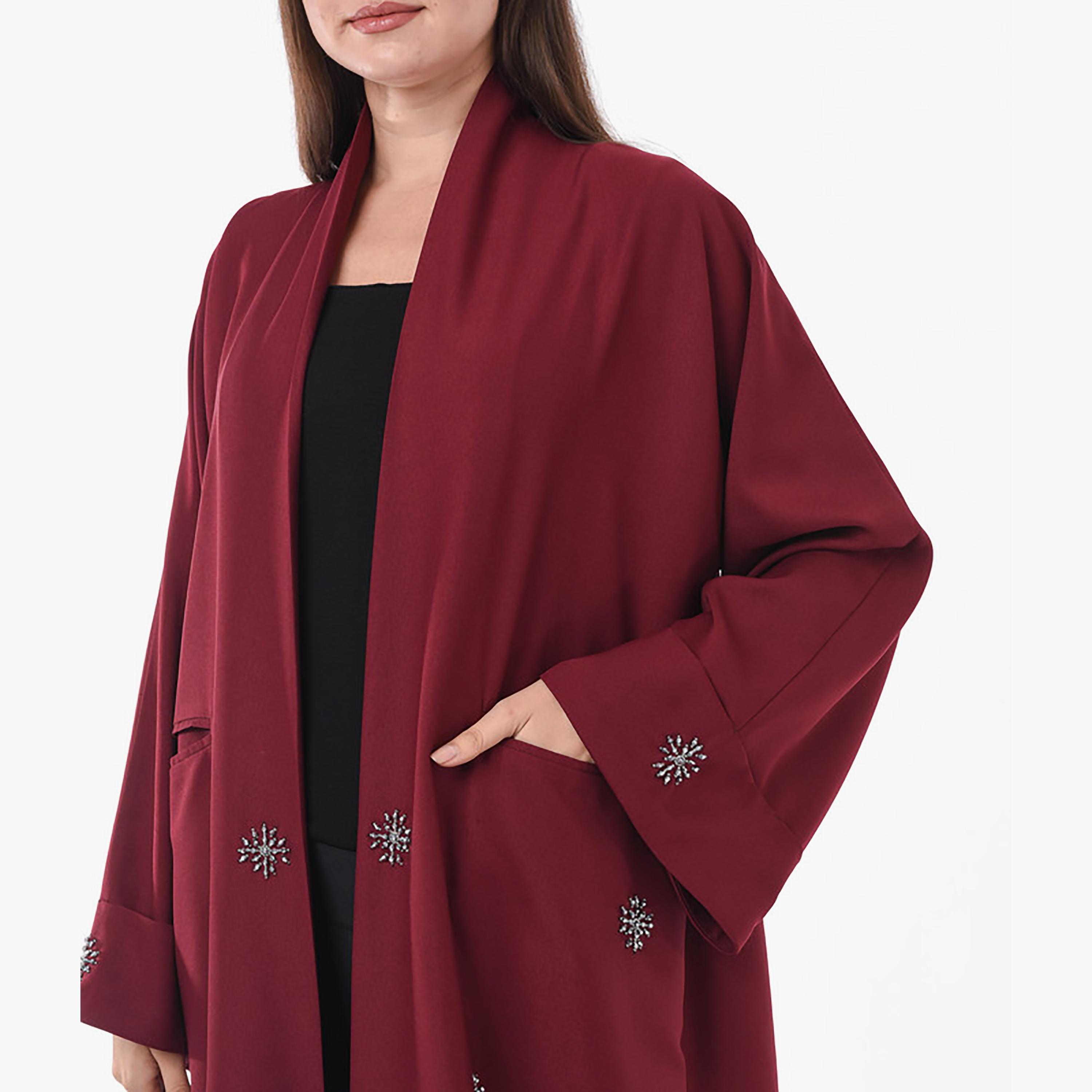 MOiSTREET Maroon Beaded Crepe Flared Sleeves Abaya with Sheila-women-arabicclothing-abayas-image-2