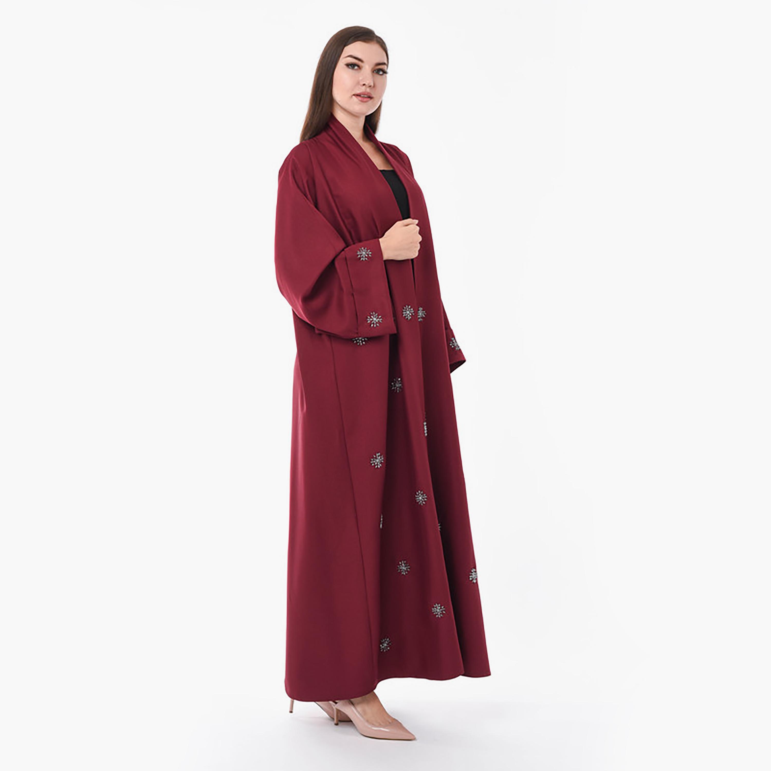 MOiSTREET Maroon Beaded Crepe Flared Sleeves Abaya with Sheila-women-arabicclothing-abayas-image-3