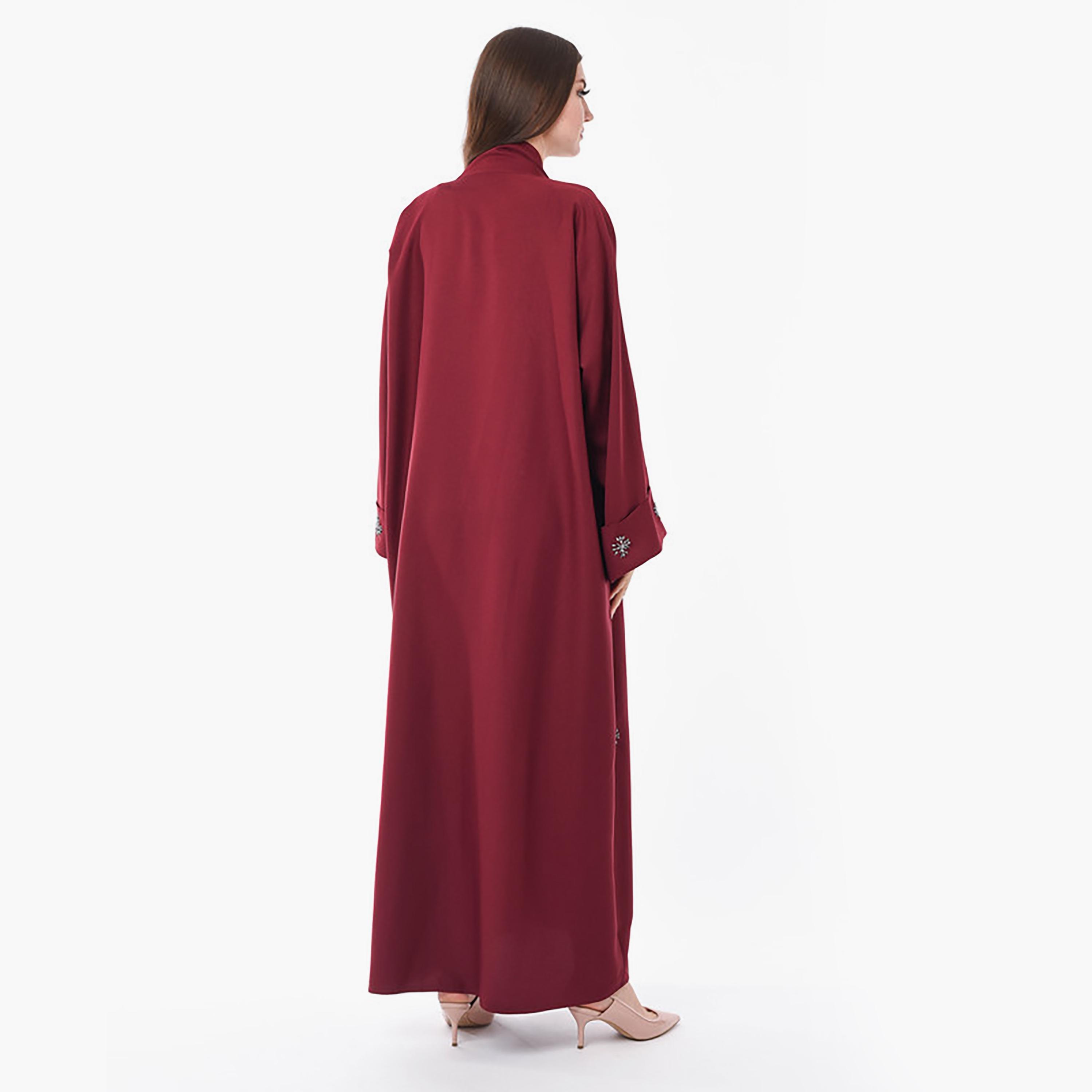 MOiSTREET Maroon Beaded Crepe Flared Sleeves Abaya with Sheila-women-arabicclothing-abayas-image-4
