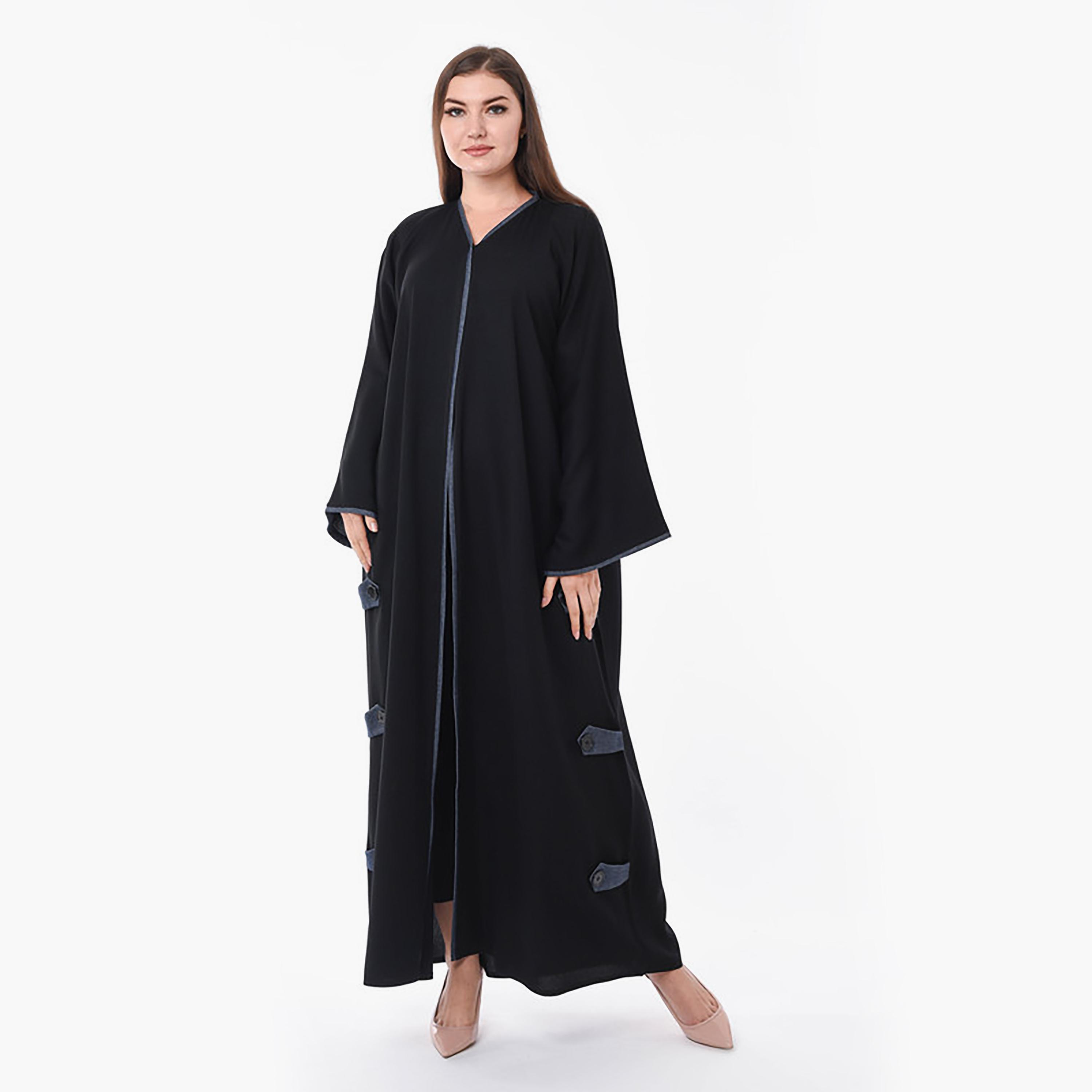 MOiSTREET Black Piping & Button Detailed Crepe Flared Sleeves Abaya with Sheila-women-arabicclothing-abayas-image-1