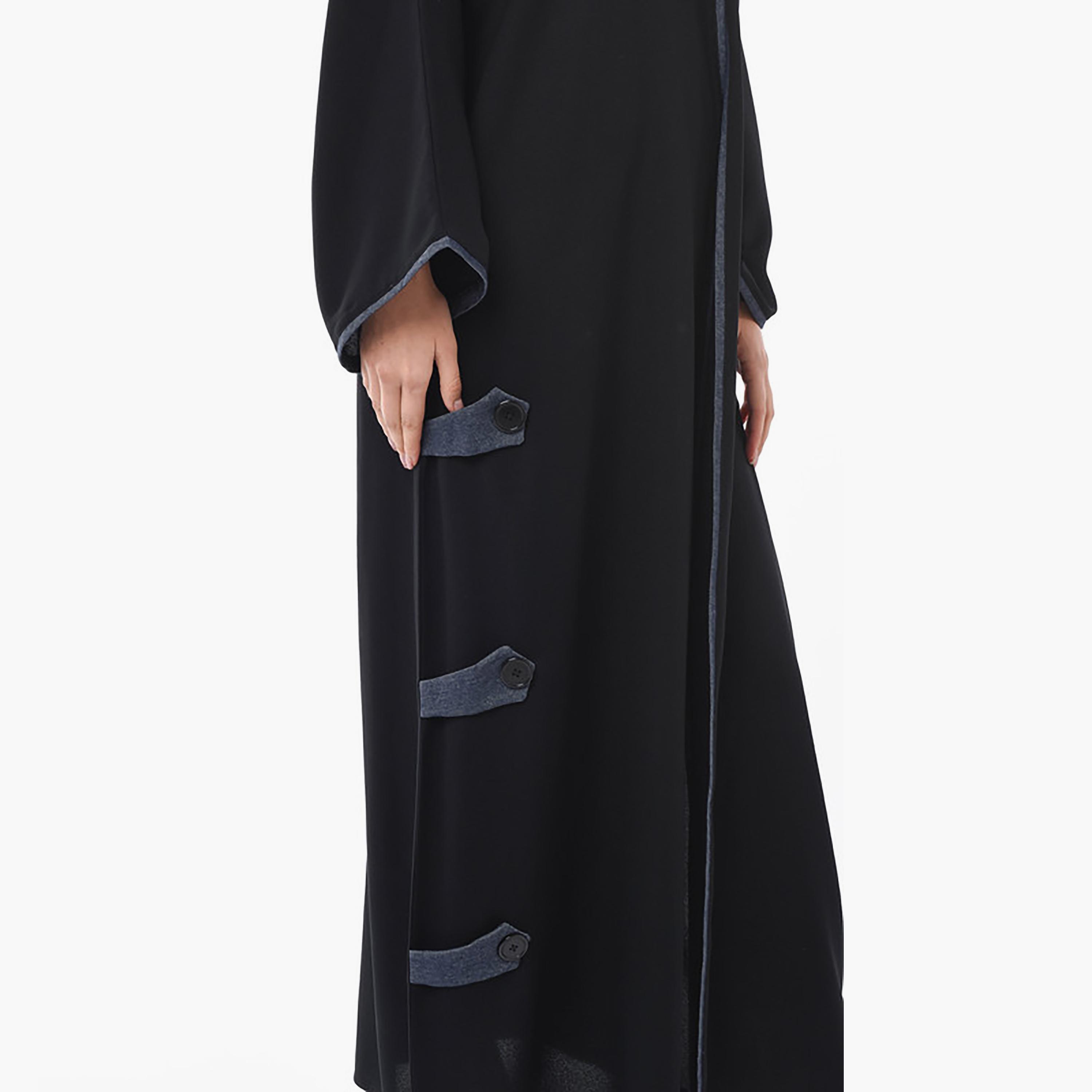 MOiSTREET Black Piping & Button Detailed Crepe Flared Sleeves Abaya with Sheila-women-arabicclothing-abayas-image-2