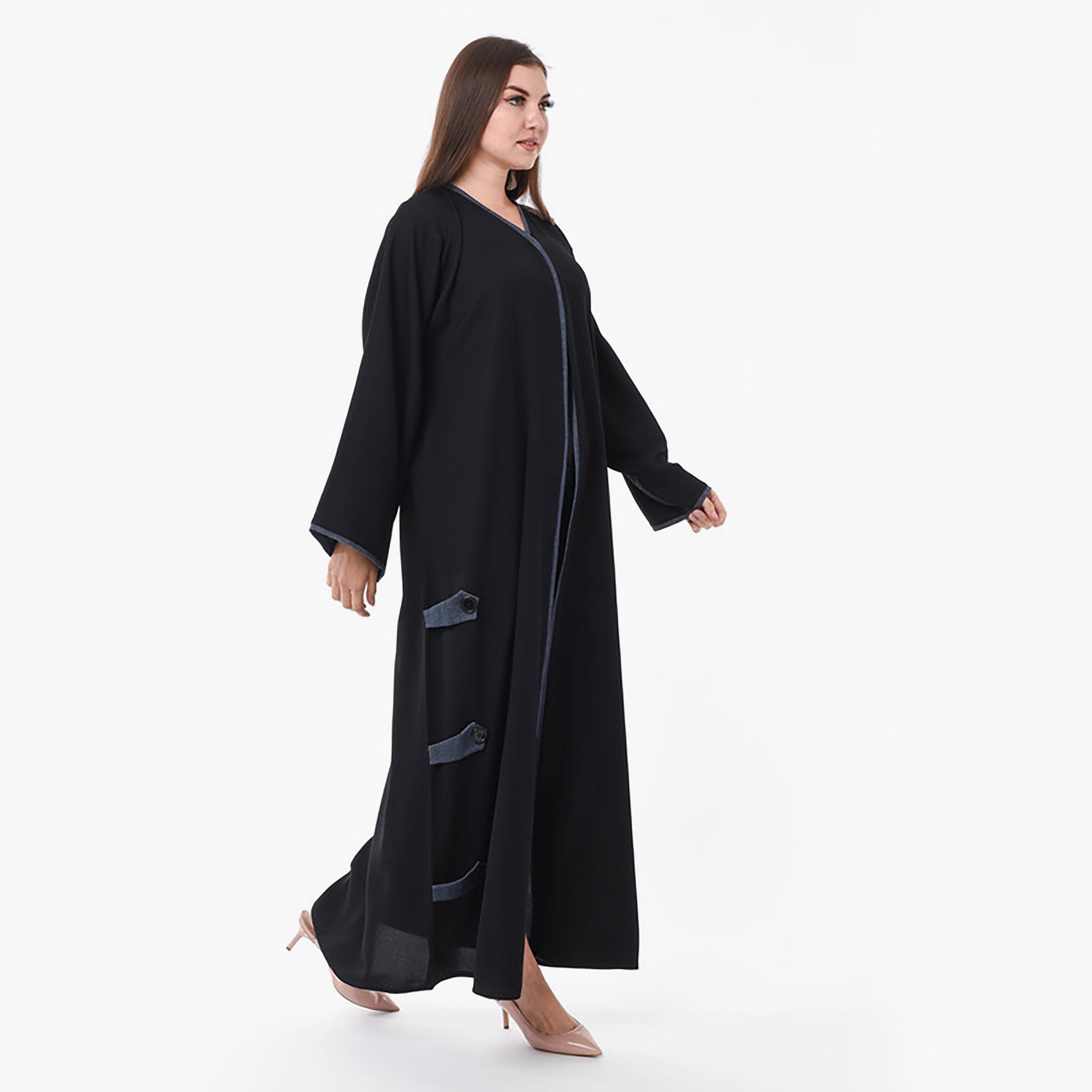 MOiSTREET Black Piping & Button Detailed Crepe Flared Sleeves Abaya with Sheila-women-arabicclothing-abayas-image-3