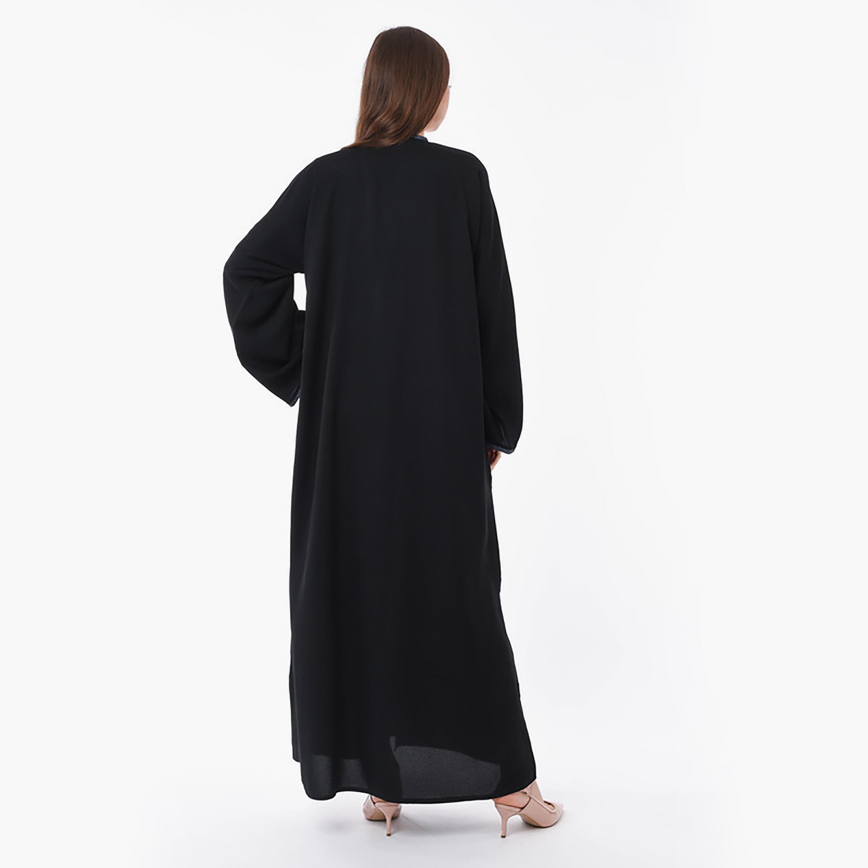 MOiSTREET Black Piping & Button Detailed Crepe Flared Sleeves Abaya with Sheila-women-arabicclothing-abayas-image-4