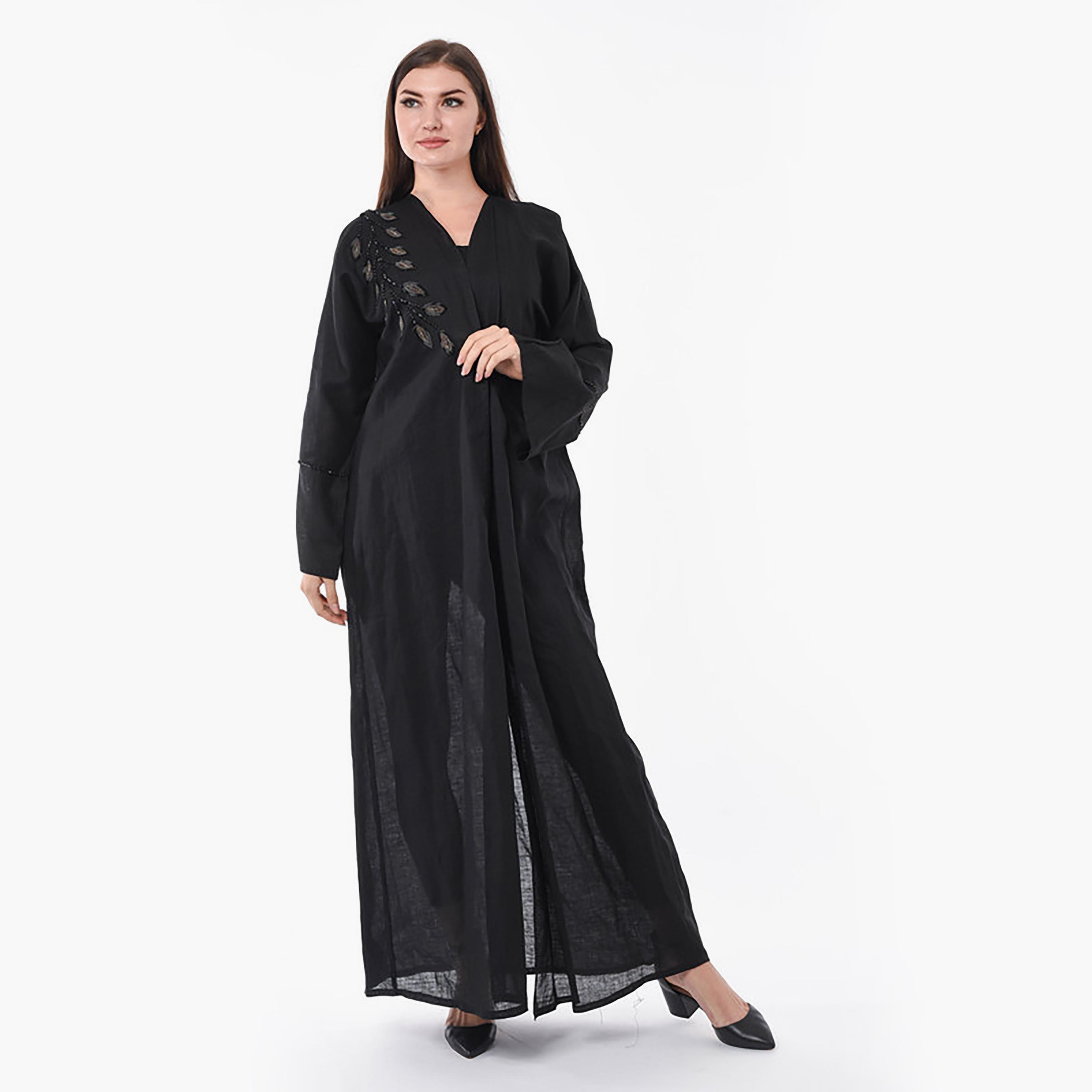 عباية كتان مطرزة بالخرز والترتر باللون الأسود مع شيلة من مويستريت-women-arabicclothing-abayas-image-1
