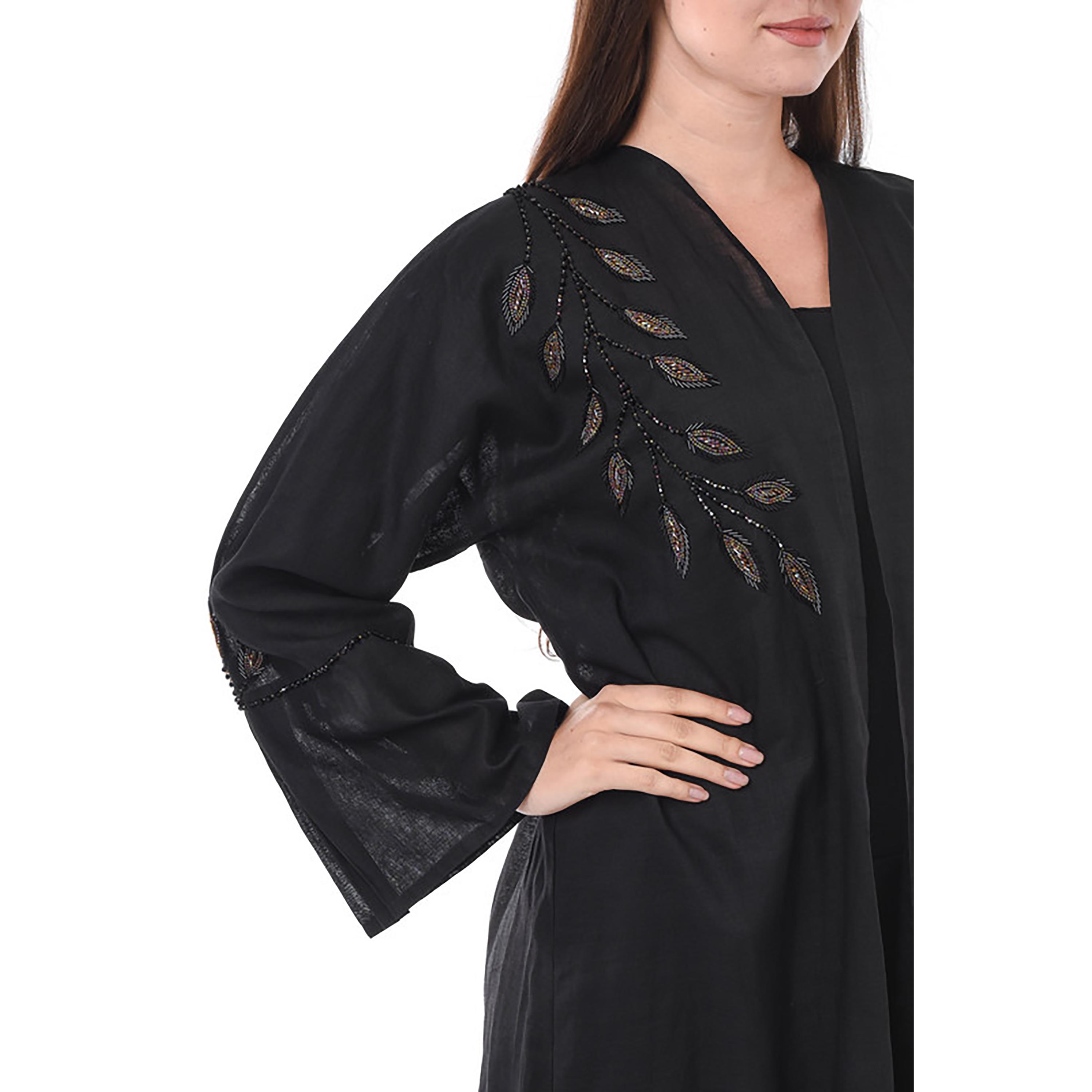 عباية كتان مطرزة بالخرز والترتر باللون الأسود مع شيلة من مويستريت-women-arabicclothing-abayas-image-2