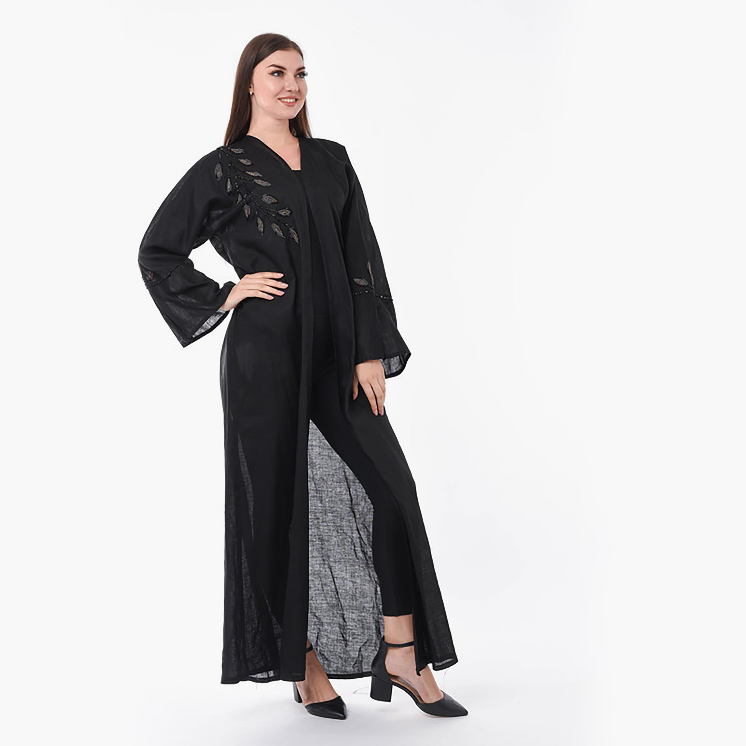 عباية كتان مطرزة بالخرز والترتر باللون الأسود مع شيلة من مويستريت-women-arabicclothing-abayas-image-3