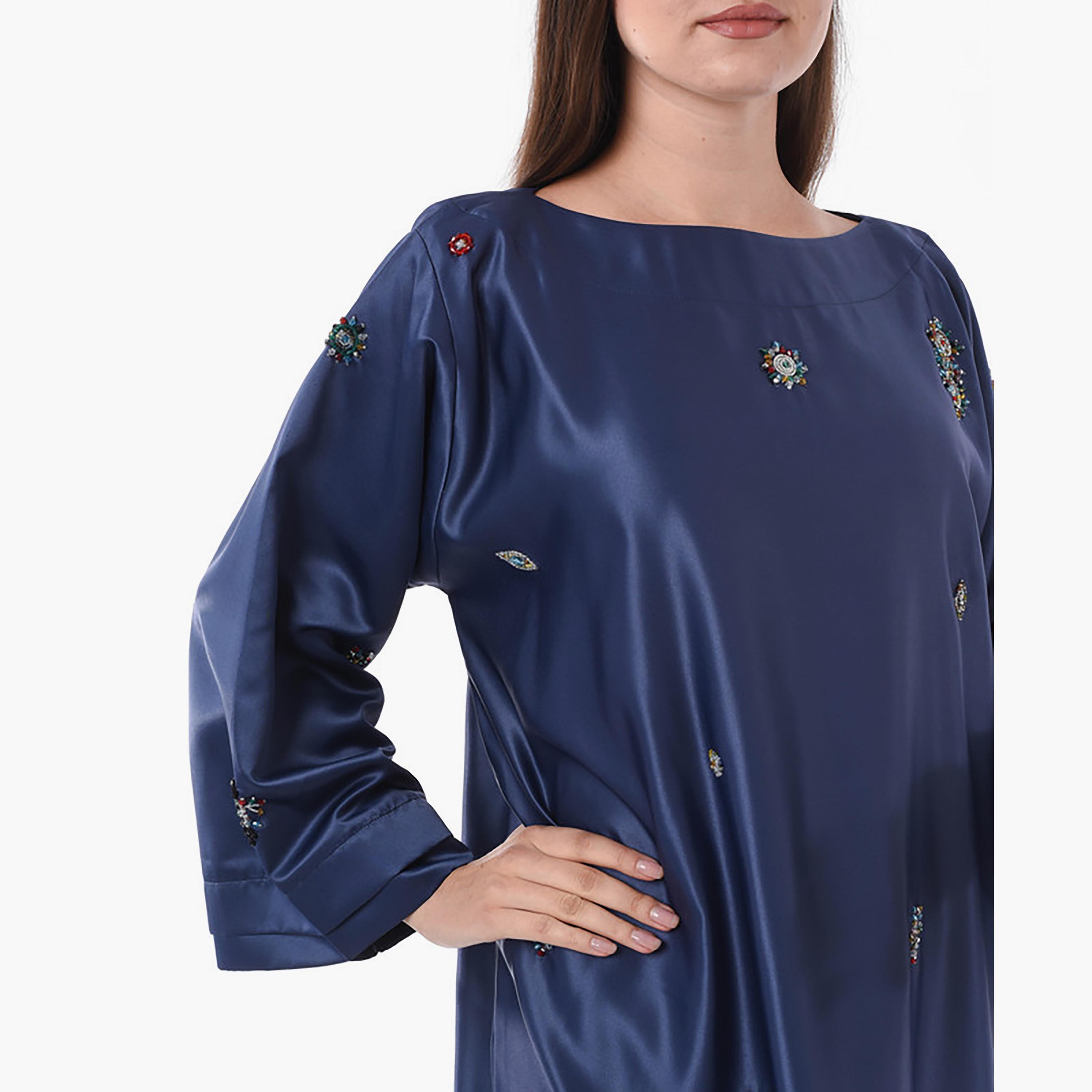 MOiSTREET Navy Beaded Boat Neck Jalabiya-women-arabicclothing-jalabiyas-image-2
