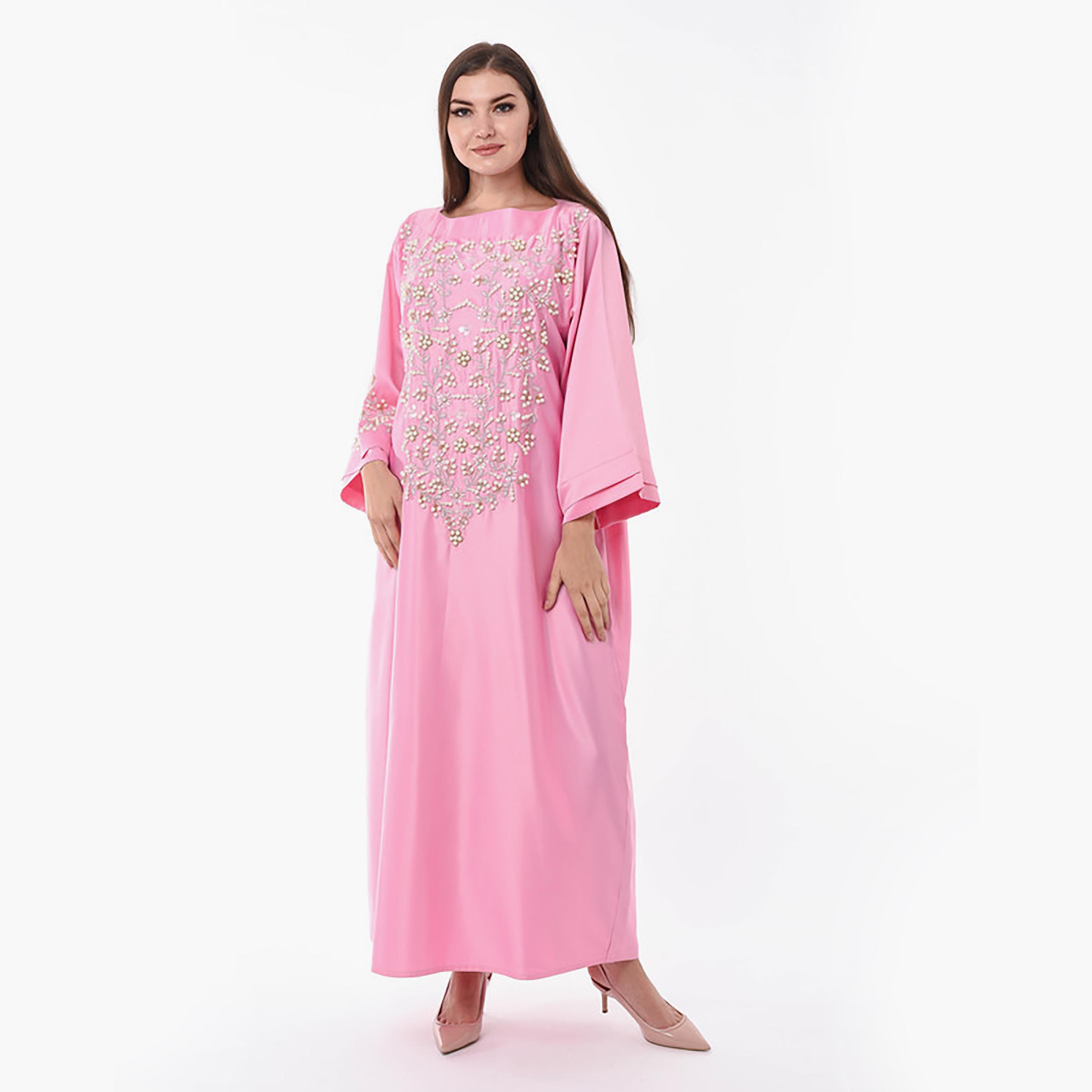 MOiSTREET Pink Beaded Pearl & Sequins Detailing Boat Neck Jalabiya-women-arabicclothing-jalabiyas-image-1