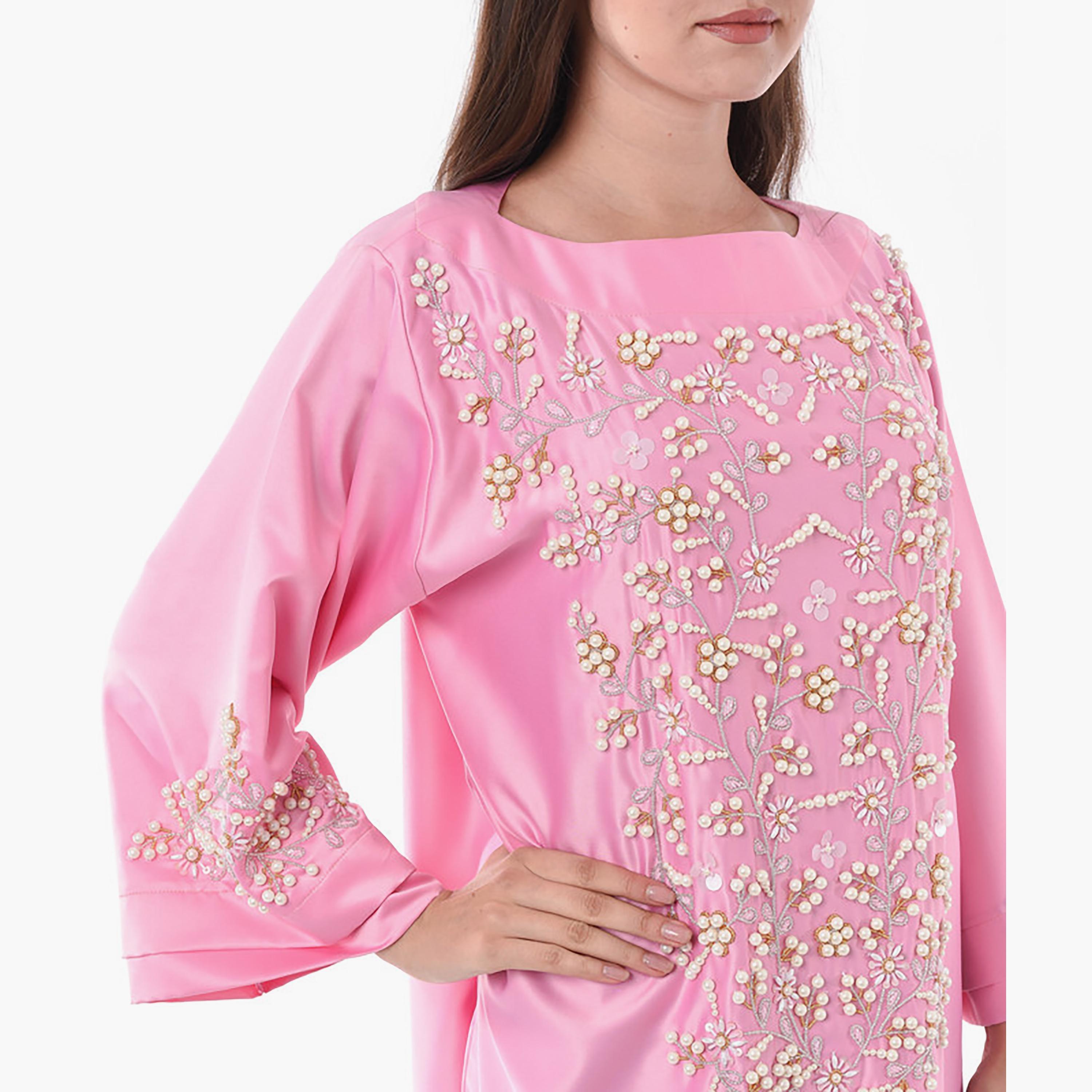 MOiSTREET Pink Beaded Pearl & Sequins Detailing Boat Neck Jalabiya-women-arabicclothing-jalabiyas-image-2