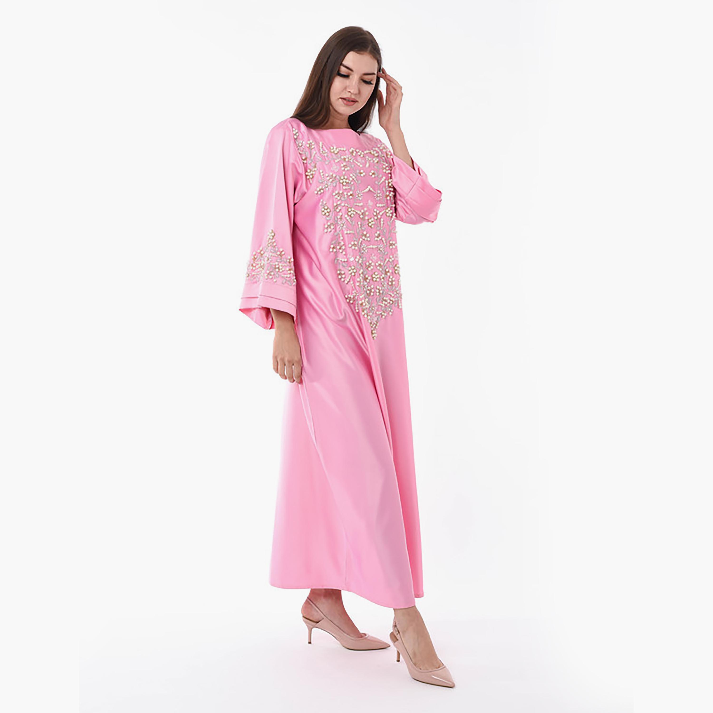 MOiSTREET Pink Beaded Pearl & Sequins Detailing Boat Neck Jalabiya-women-arabicclothing-jalabiyas-image-3