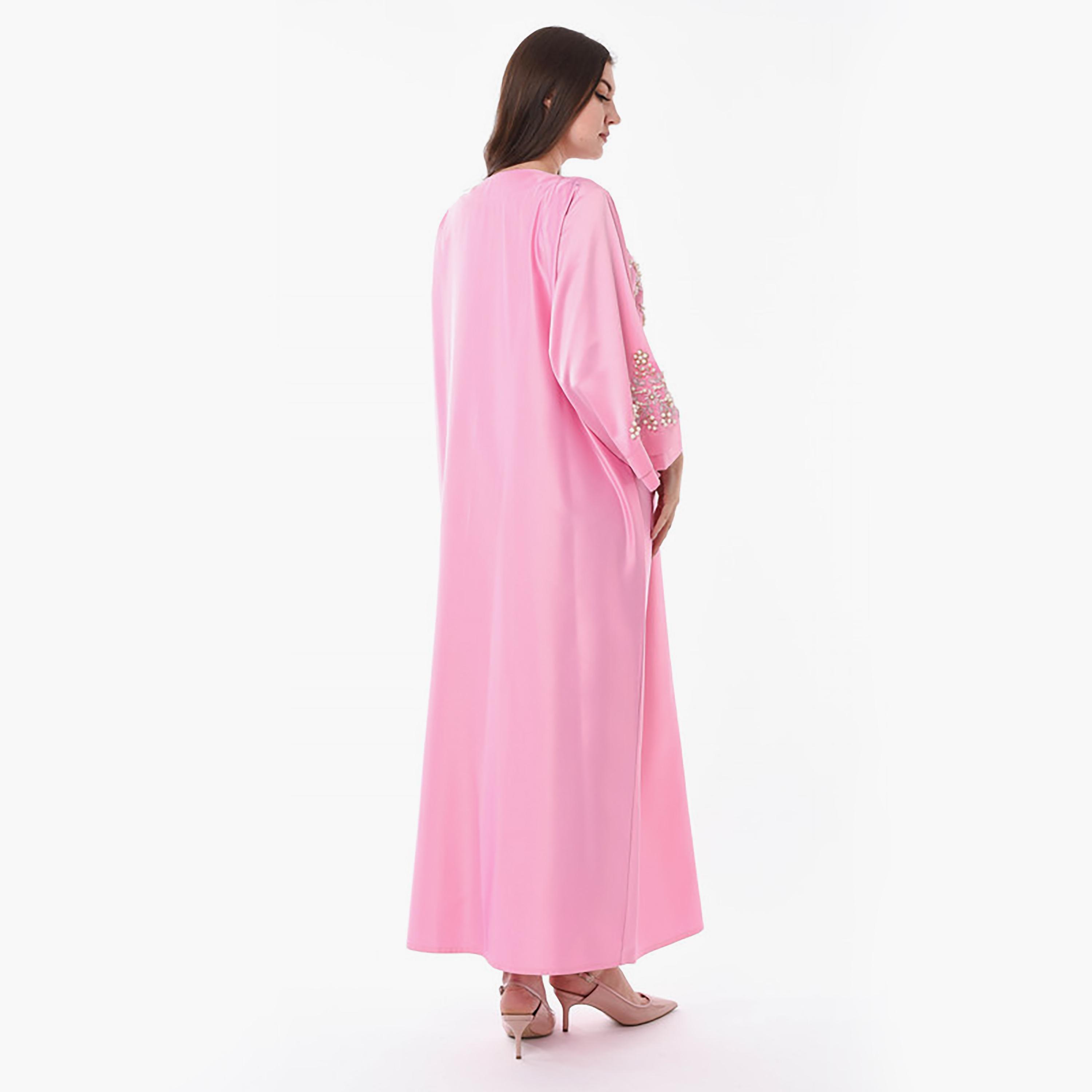 MOiSTREET Pink Beaded Pearl & Sequins Detailing Boat Neck Jalabiya-women-arabicclothing-jalabiyas-image-4