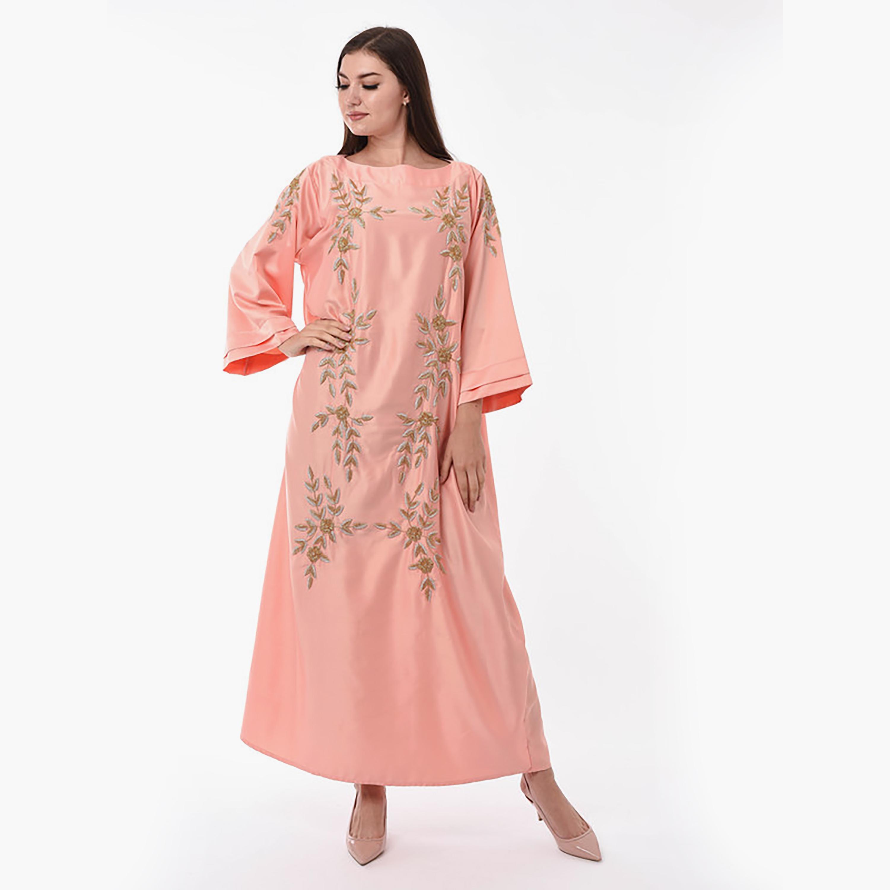MOiSTREET Peach Beaded Boat Neck Wide Sleeves Jalabiya-women-arabicclothing-jalabiyas-image-1
