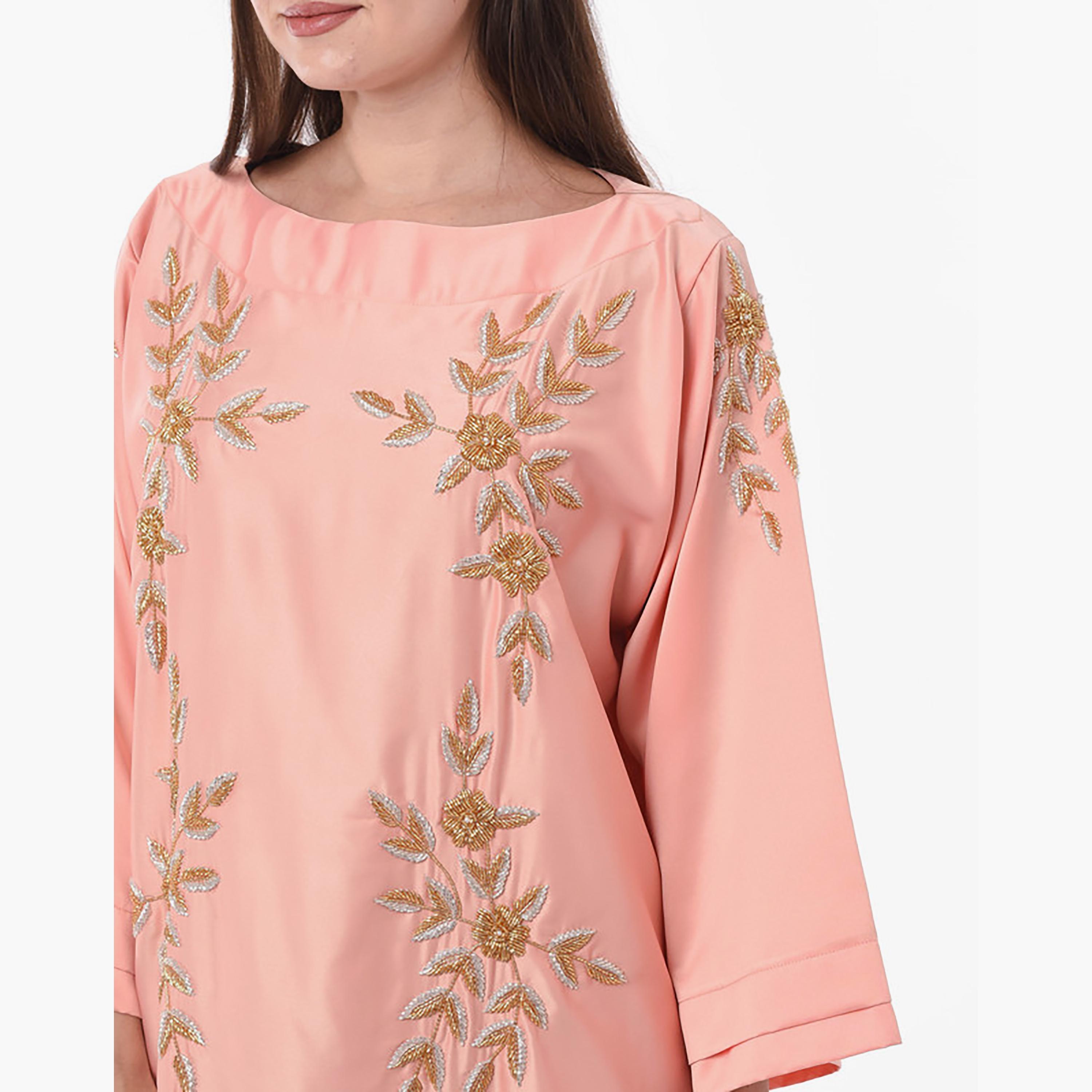 MOiSTREET Peach Beaded Boat Neck Wide Sleeves Jalabiya-women-arabicclothing-jalabiyas-image-2