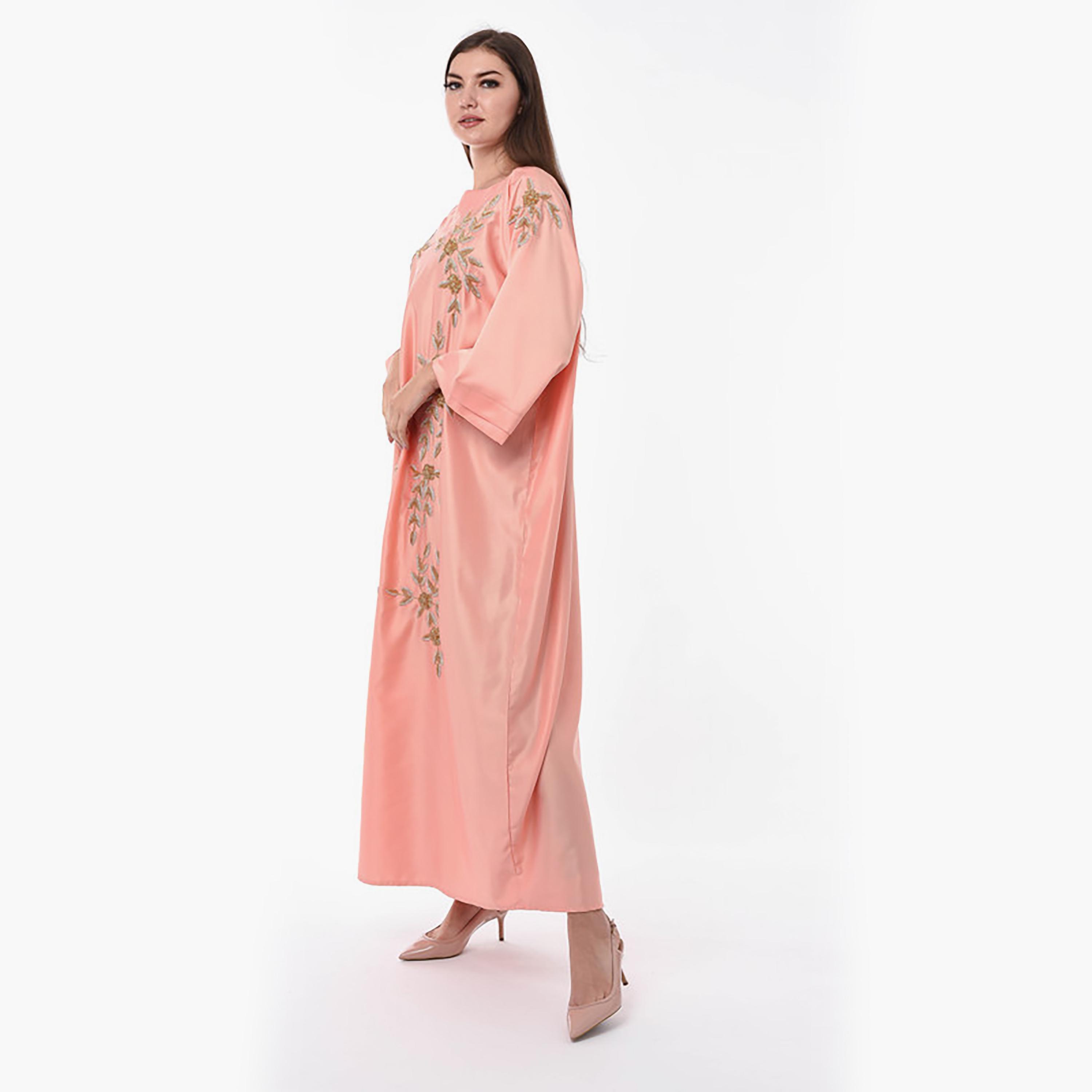 MOiSTREET Peach Beaded Boat Neck Wide Sleeves Jalabiya-women-arabicclothing-jalabiyas-image-3