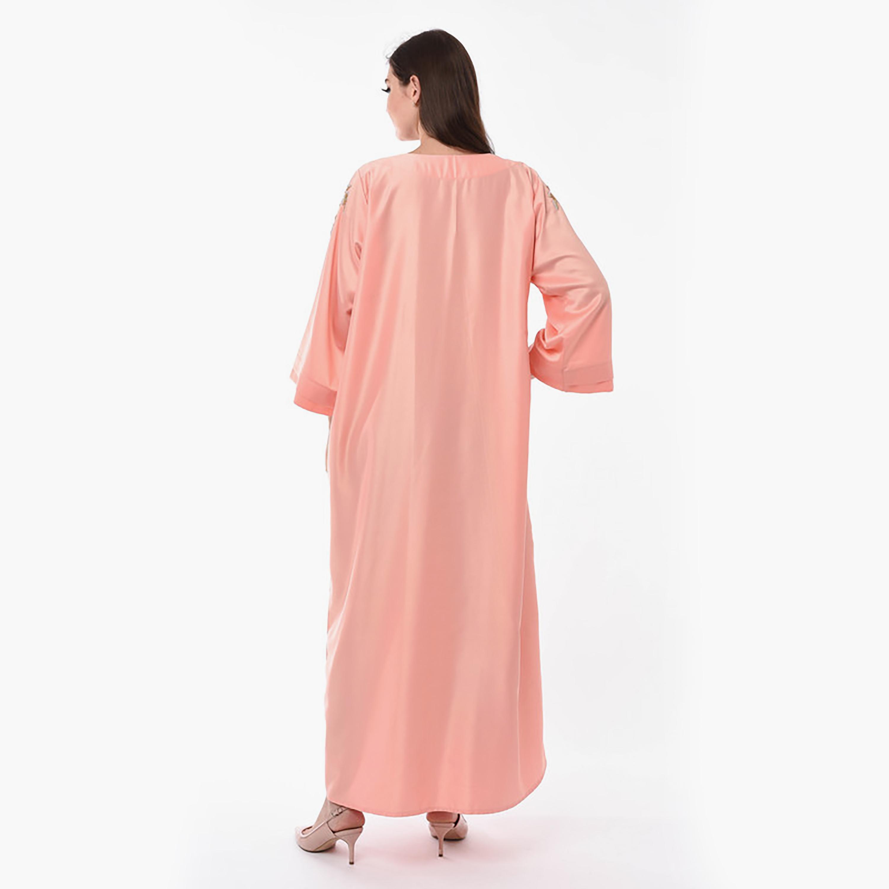 MOiSTREET Peach Beaded Boat Neck Wide Sleeves Jalabiya-women-arabicclothing-jalabiyas-image-4