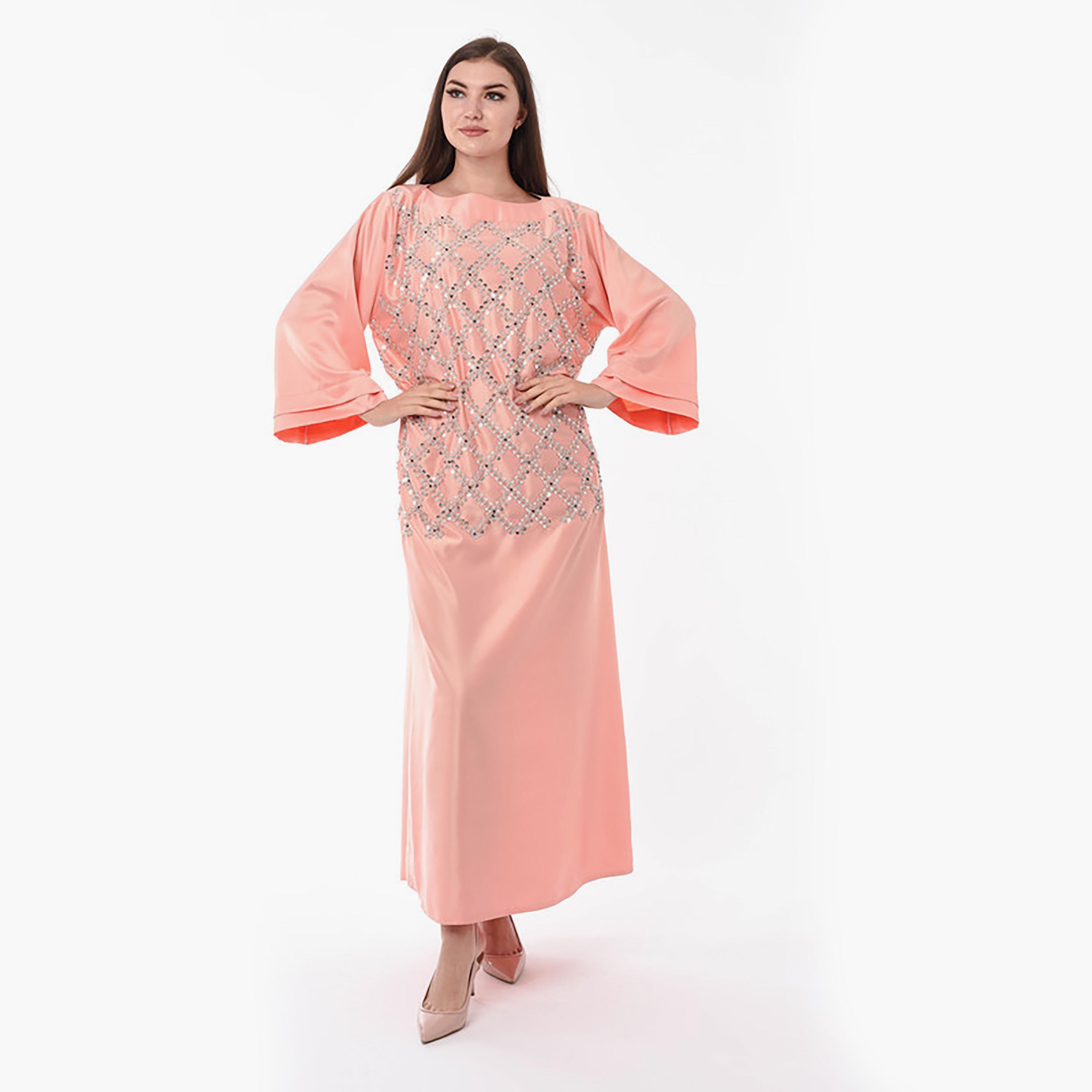 MOiSTREET Peach Beaded & Sequins Detailing Boat Neck Wide Sleeves Jalabiya-women-arabicclothing-jalabiyas-image-1