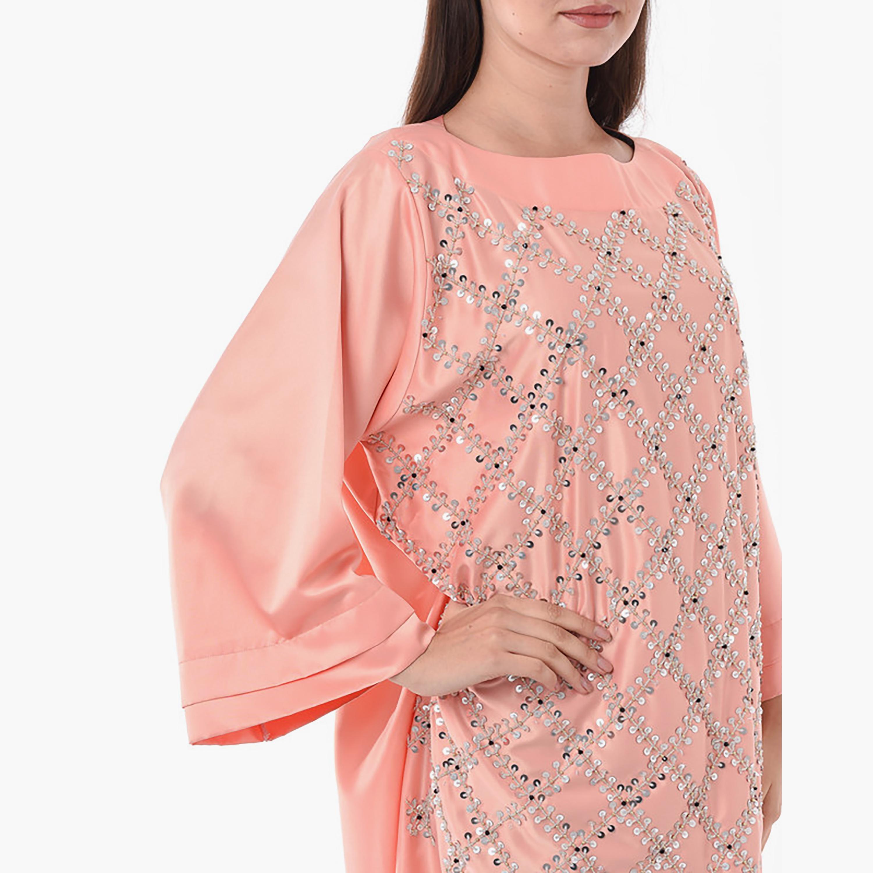 MOiSTREET Peach Beaded & Sequins Detailing Boat Neck Wide Sleeves Jalabiya-women-arabicclothing-jalabiyas-image-2
