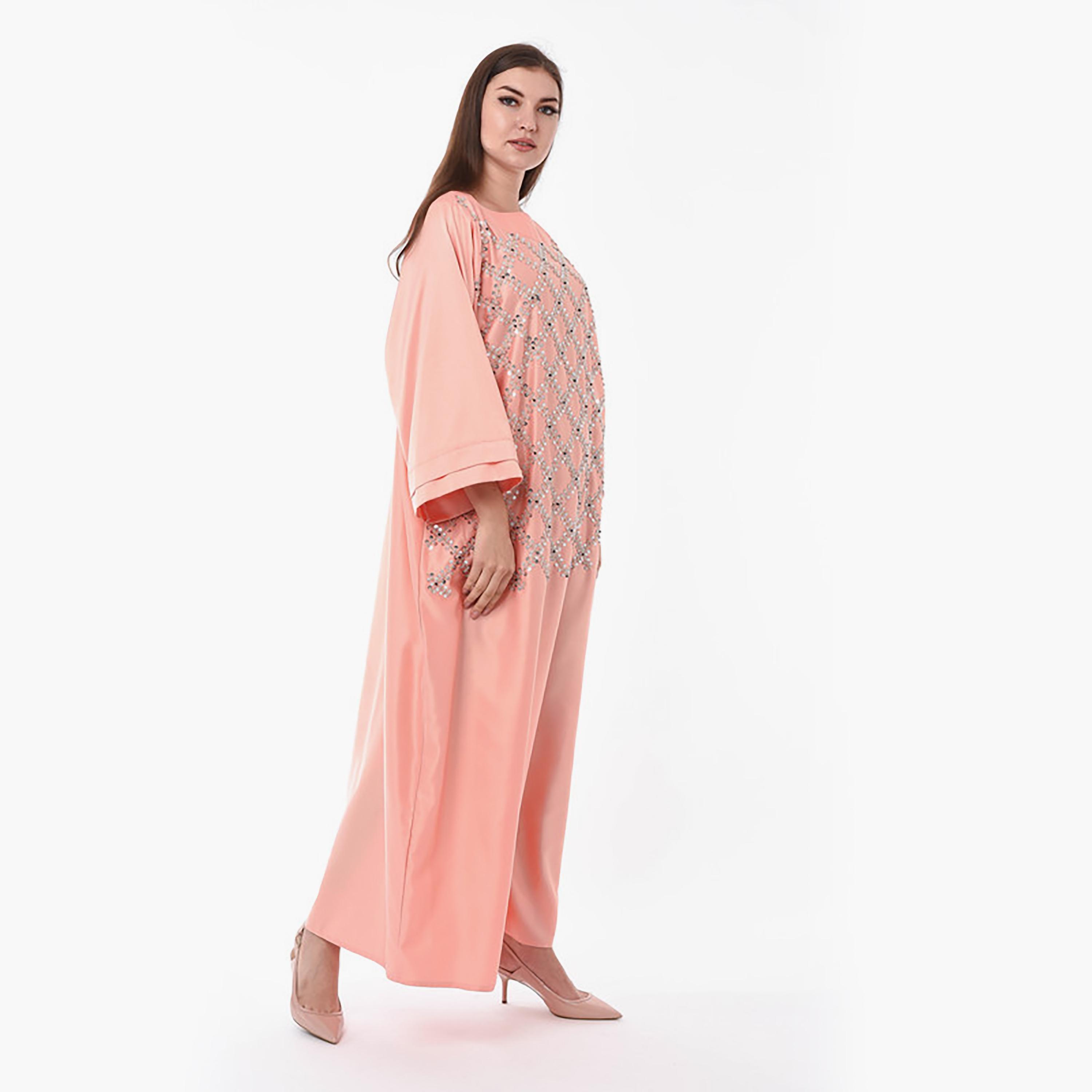 MOiSTREET Peach Beaded & Sequins Detailing Boat Neck Wide Sleeves Jalabiya-women-arabicclothing-jalabiyas-image-3