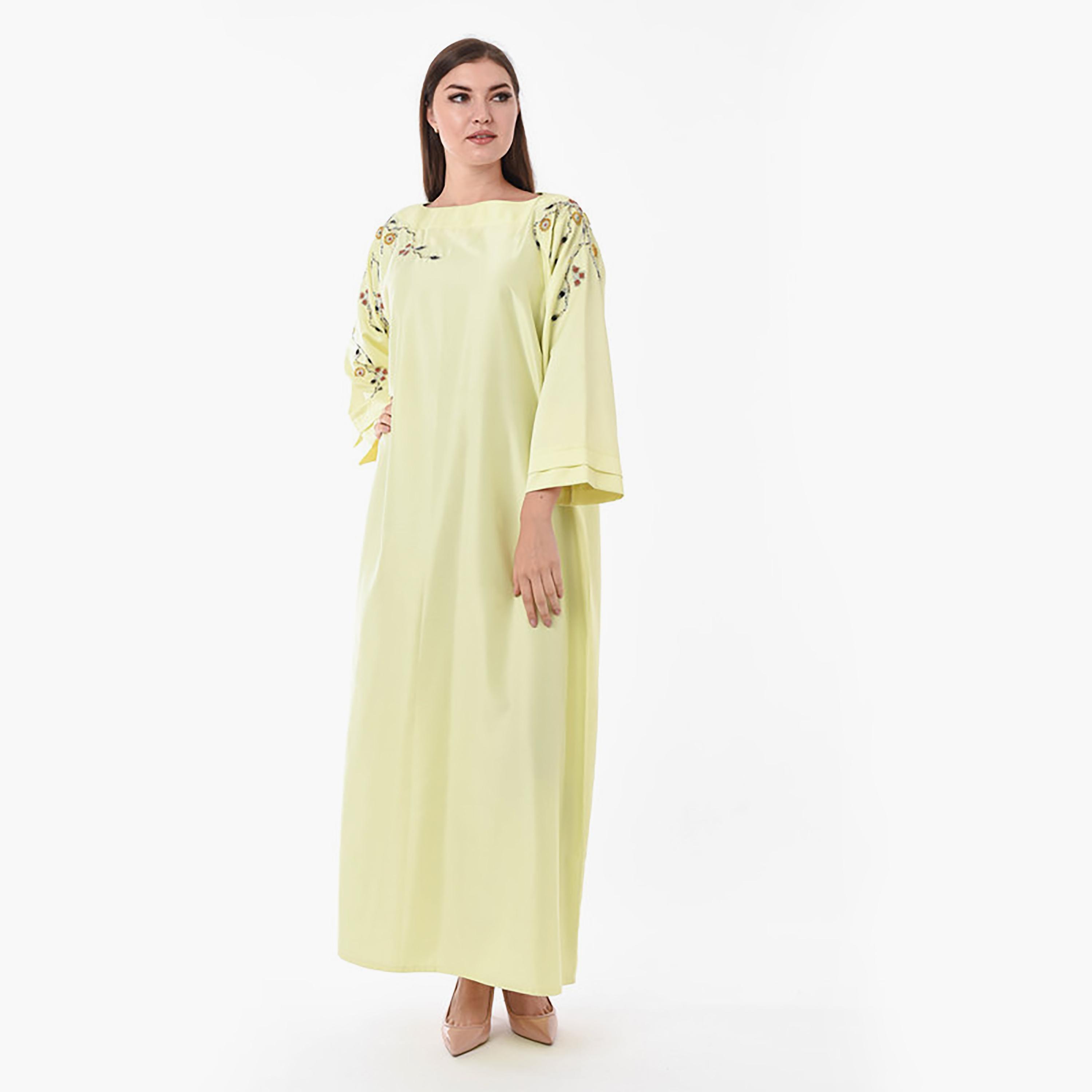 MOiSTREET Yellow Beaded & Crystal Detailed Boat Neck Wide Sleeves Jalabiya-women-arabicclothing-jalabiyas-image-1