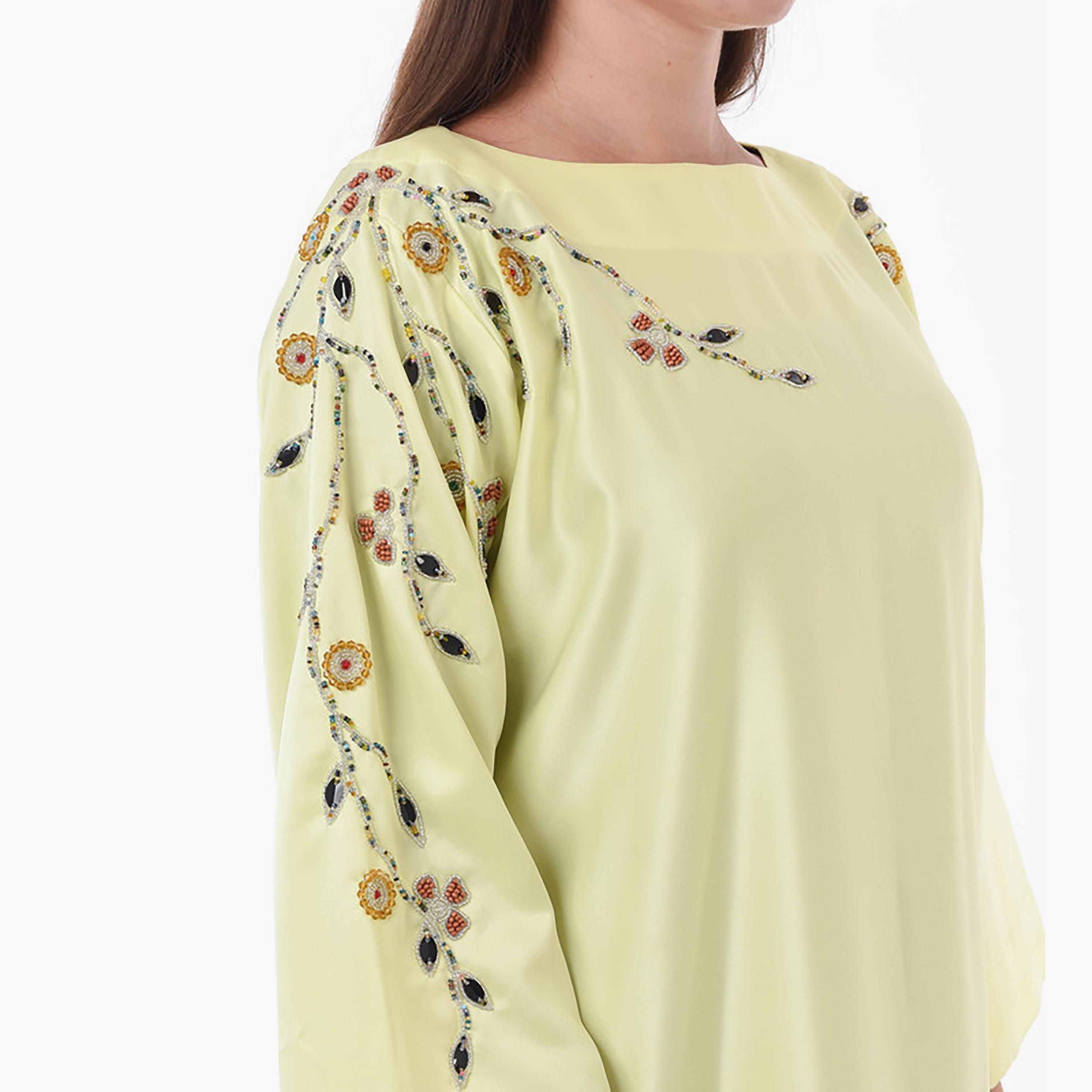 MOiSTREET Yellow Beaded & Crystal Detailed Boat Neck Wide Sleeves Jalabiya-women-arabicclothing-jalabiyas-image-2