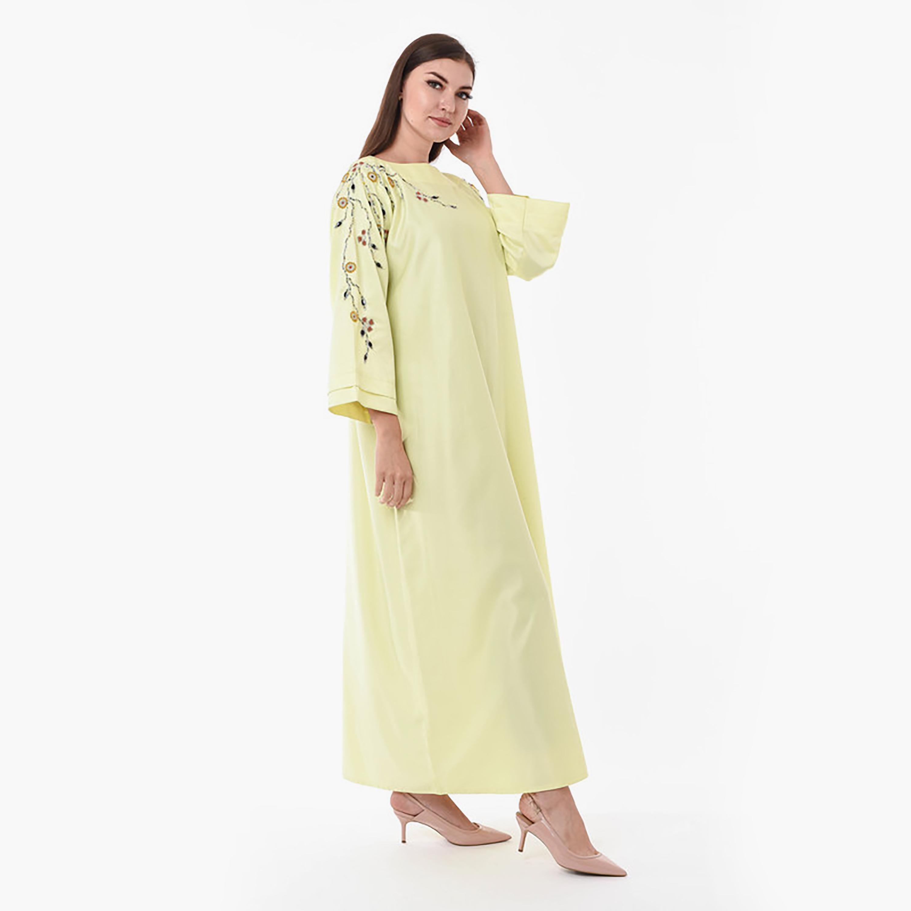 MOiSTREET Yellow Beaded & Crystal Detailed Boat Neck Wide Sleeves Jalabiya-women-arabicclothing-jalabiyas-image-3
