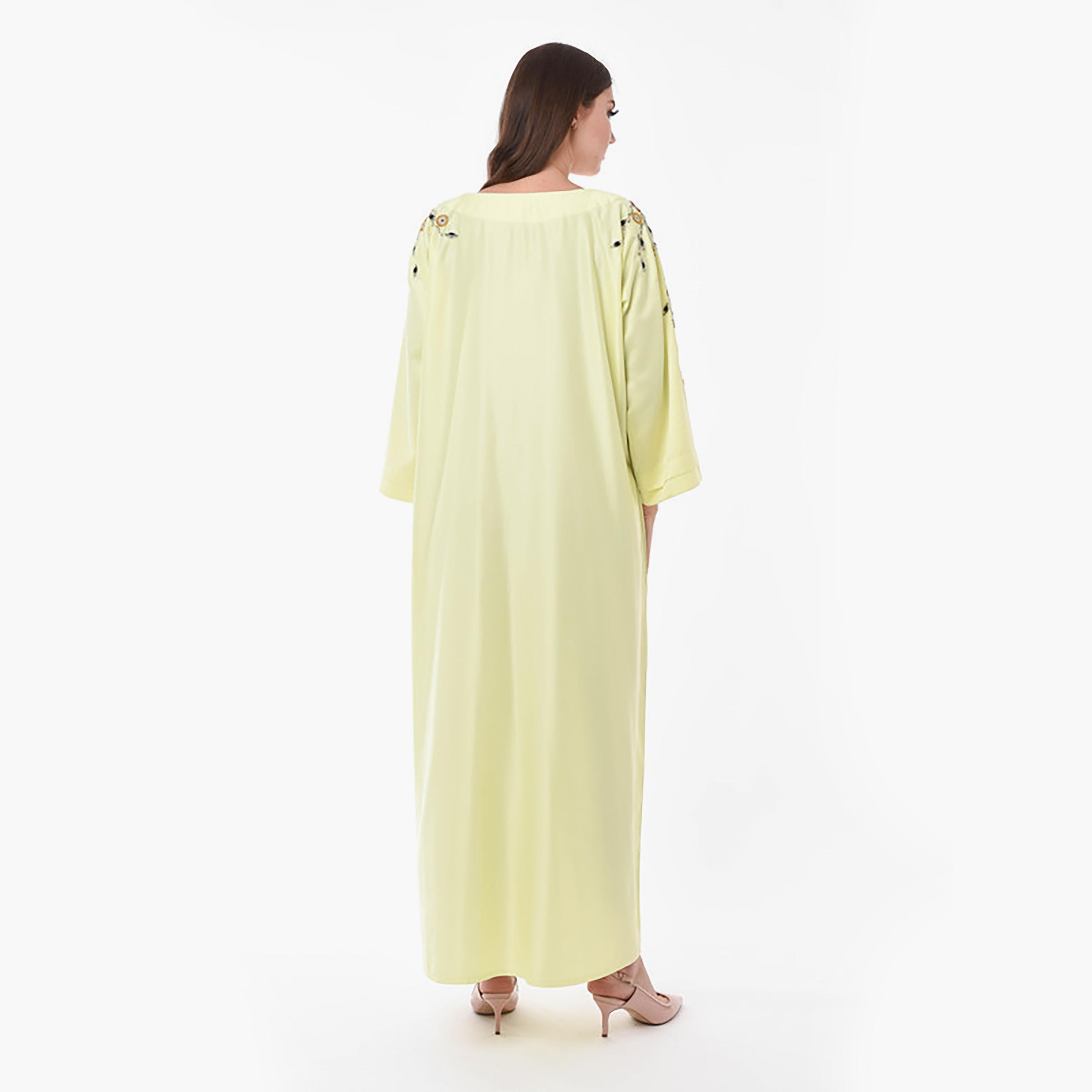 MOiSTREET Yellow Beaded & Crystal Detailed Boat Neck Wide Sleeves Jalabiya-women-arabicclothing-jalabiyas-image-4