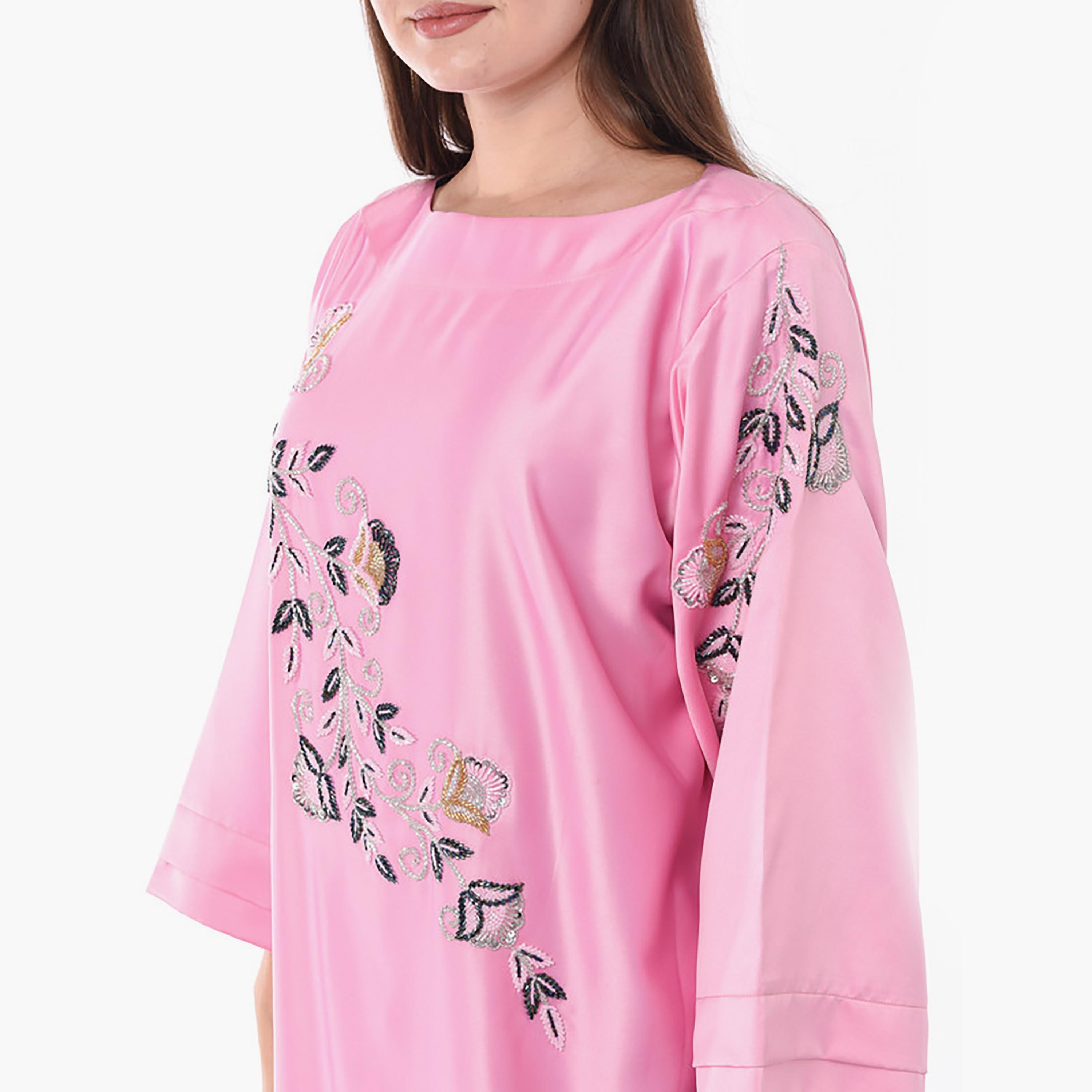 MOiSTREET Pink Beaded & Sequins Detailing Boat Neck Wide Sleeves Jalabiya-women-arabicclothing-jalabiyas-image-2