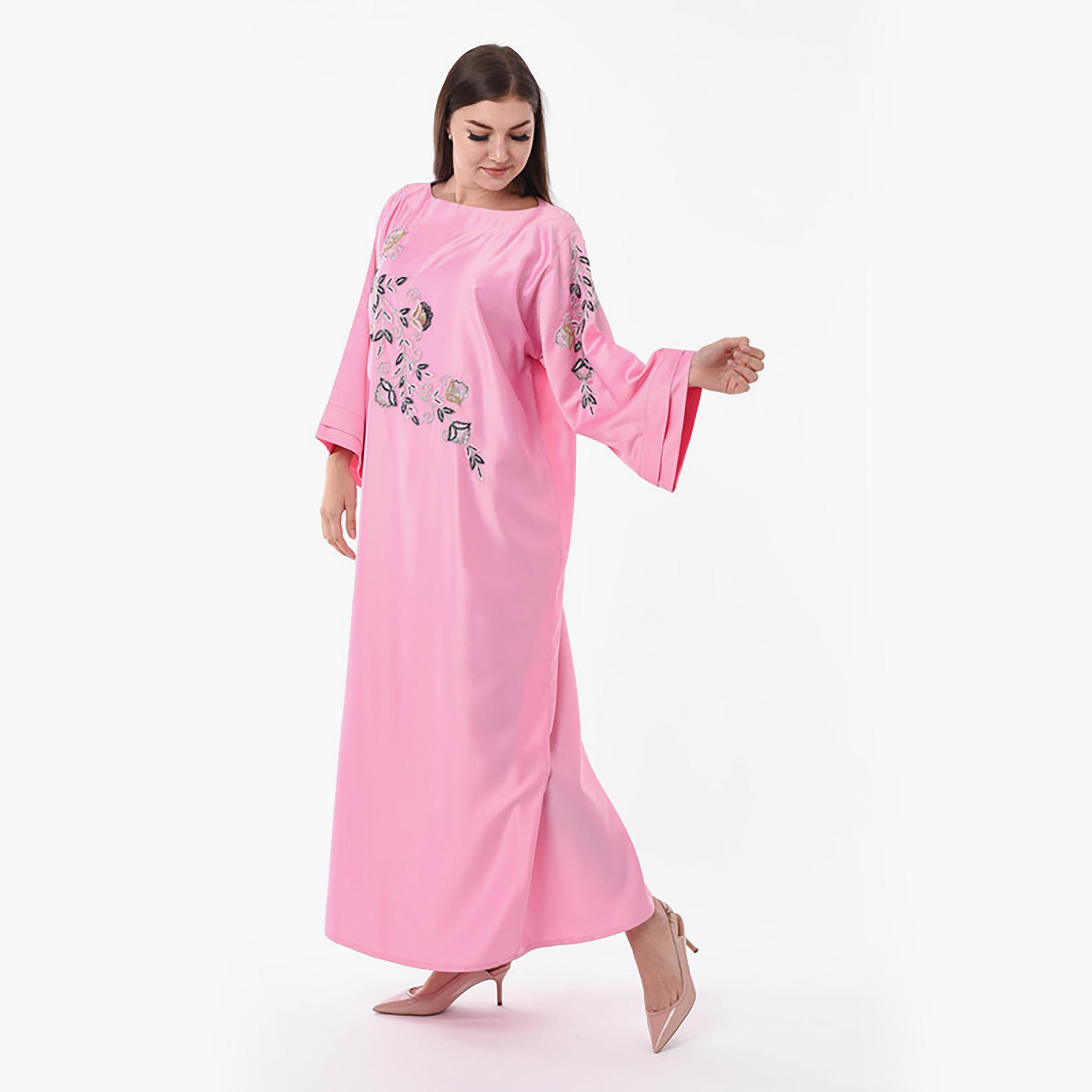 MOiSTREET Pink Beaded & Sequins Detailing Boat Neck Wide Sleeves Jalabiya-women-arabicclothing-jalabiyas-image-3