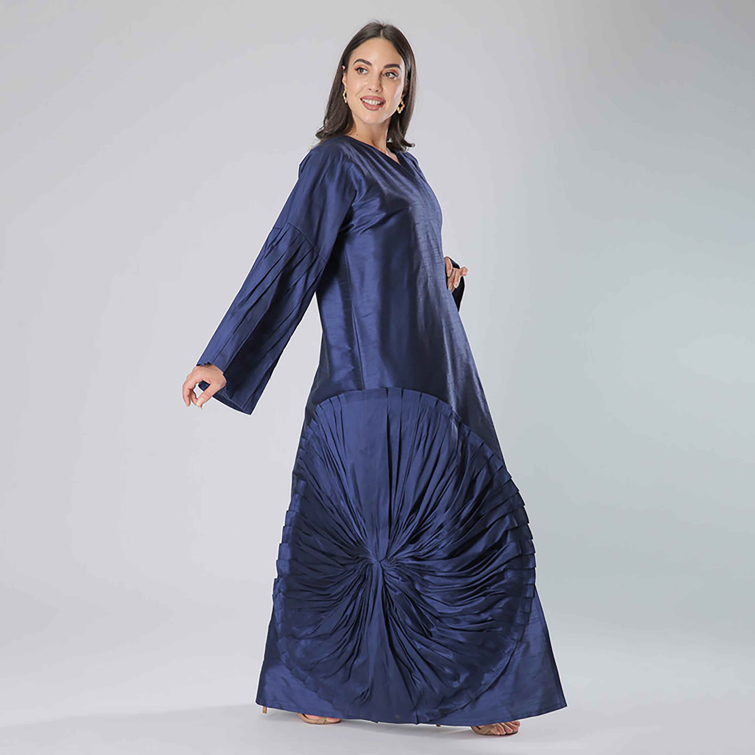 MOiSTREET Blue Pleated Bell Sleeves Abaya with Sheila-women-arabicclothing-abayas-image-3