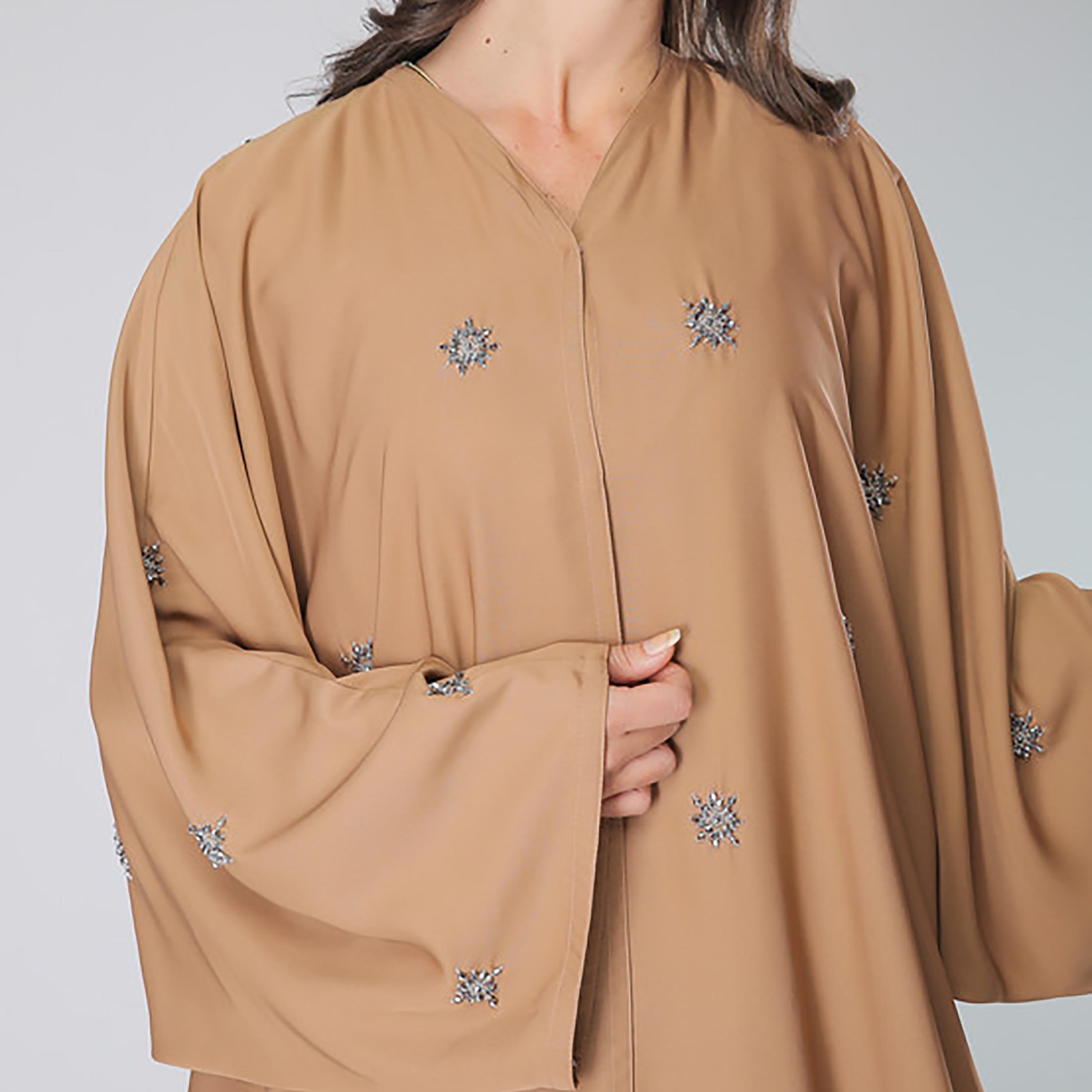 MOiSTREET Brown Beaded & Sequins Detailing Flared Sleeves Abaya with Sheila-women-arabicclothing-abayas-image-2