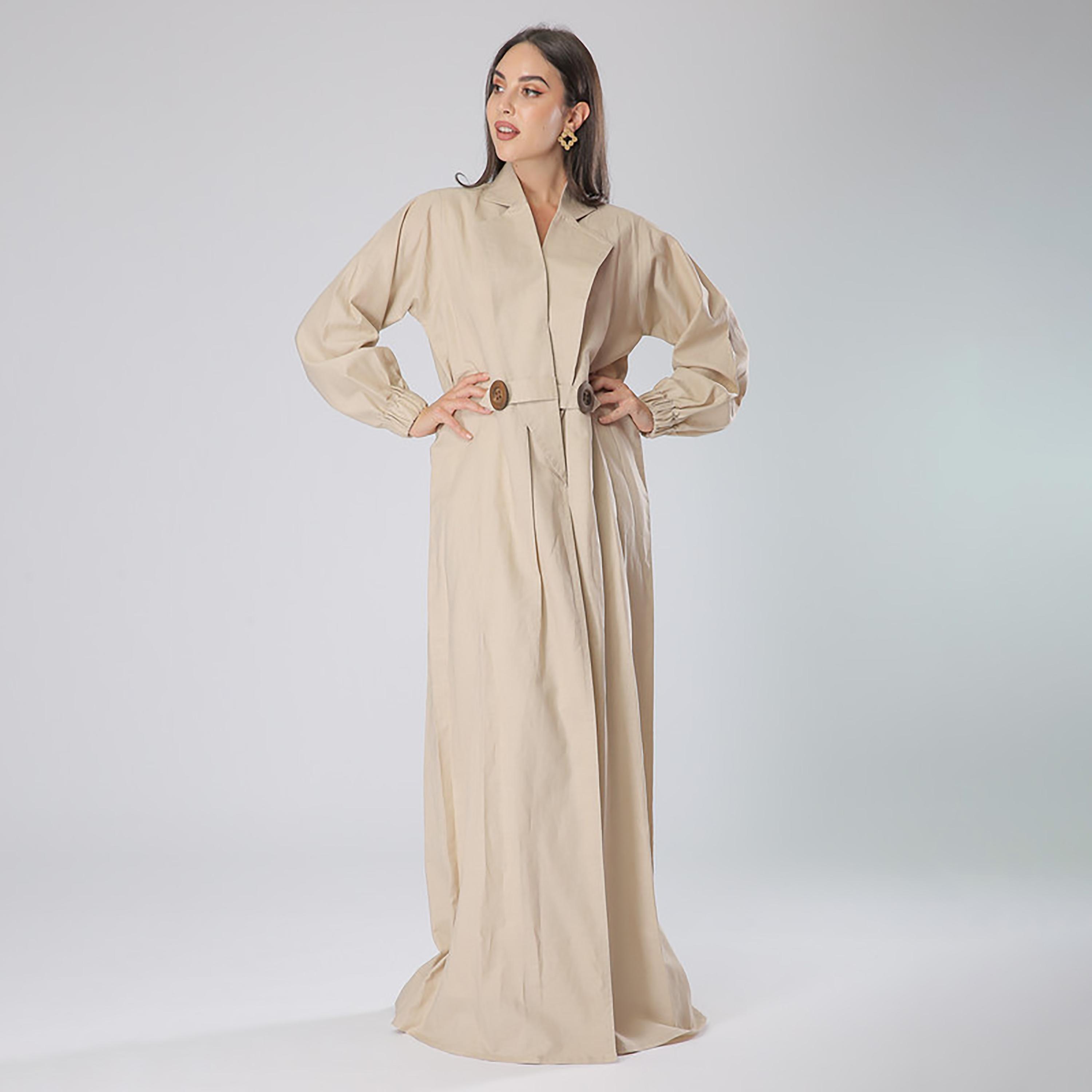 MOiSTREET Beige Button Detailed Lapel Collar Coat Style Abaya with Sheila-women-arabicclothing-abayas-image-1