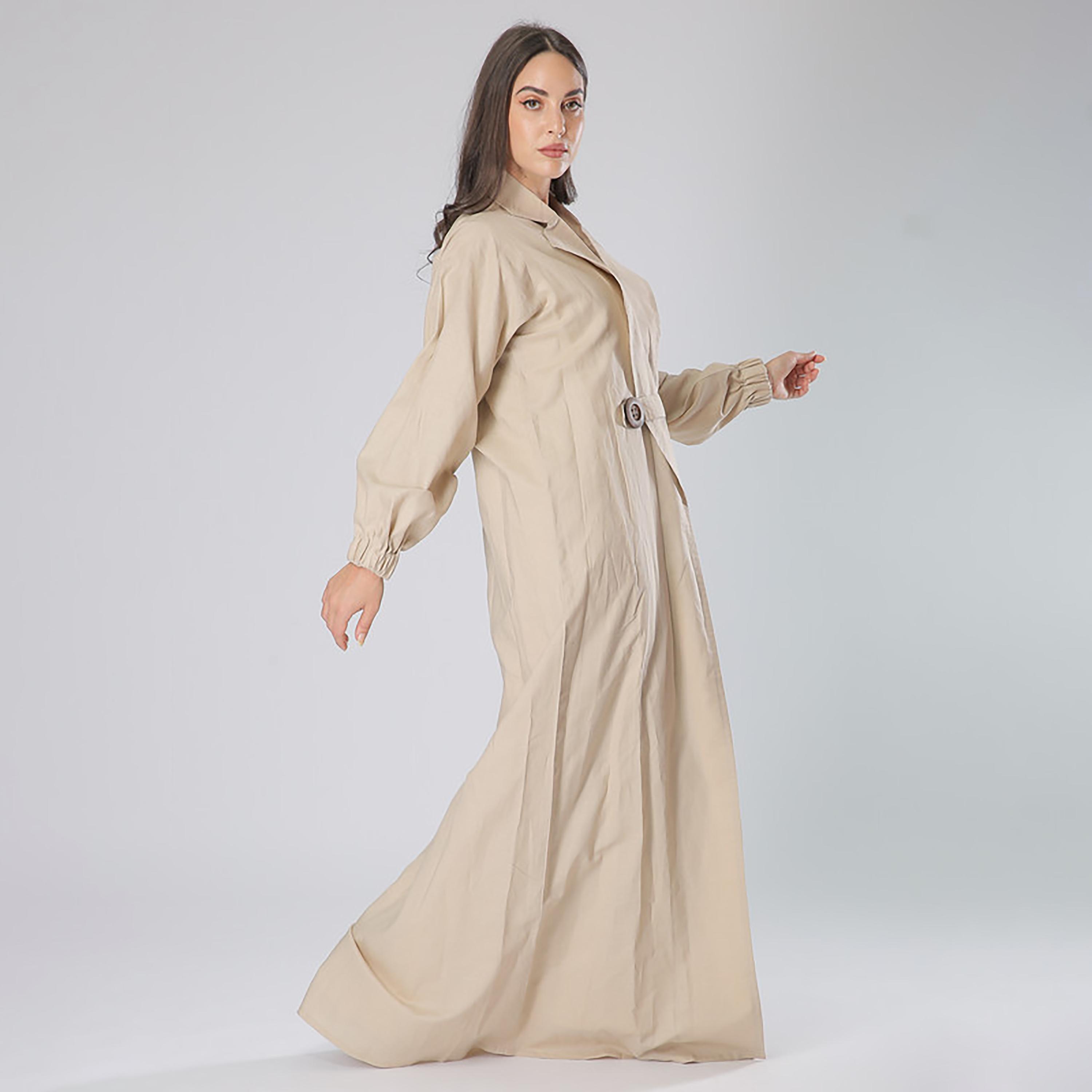 MOiSTREET Beige Button Detailed Lapel Collar Coat Style Abaya with Sheila-women-arabicclothing-abayas-image-3