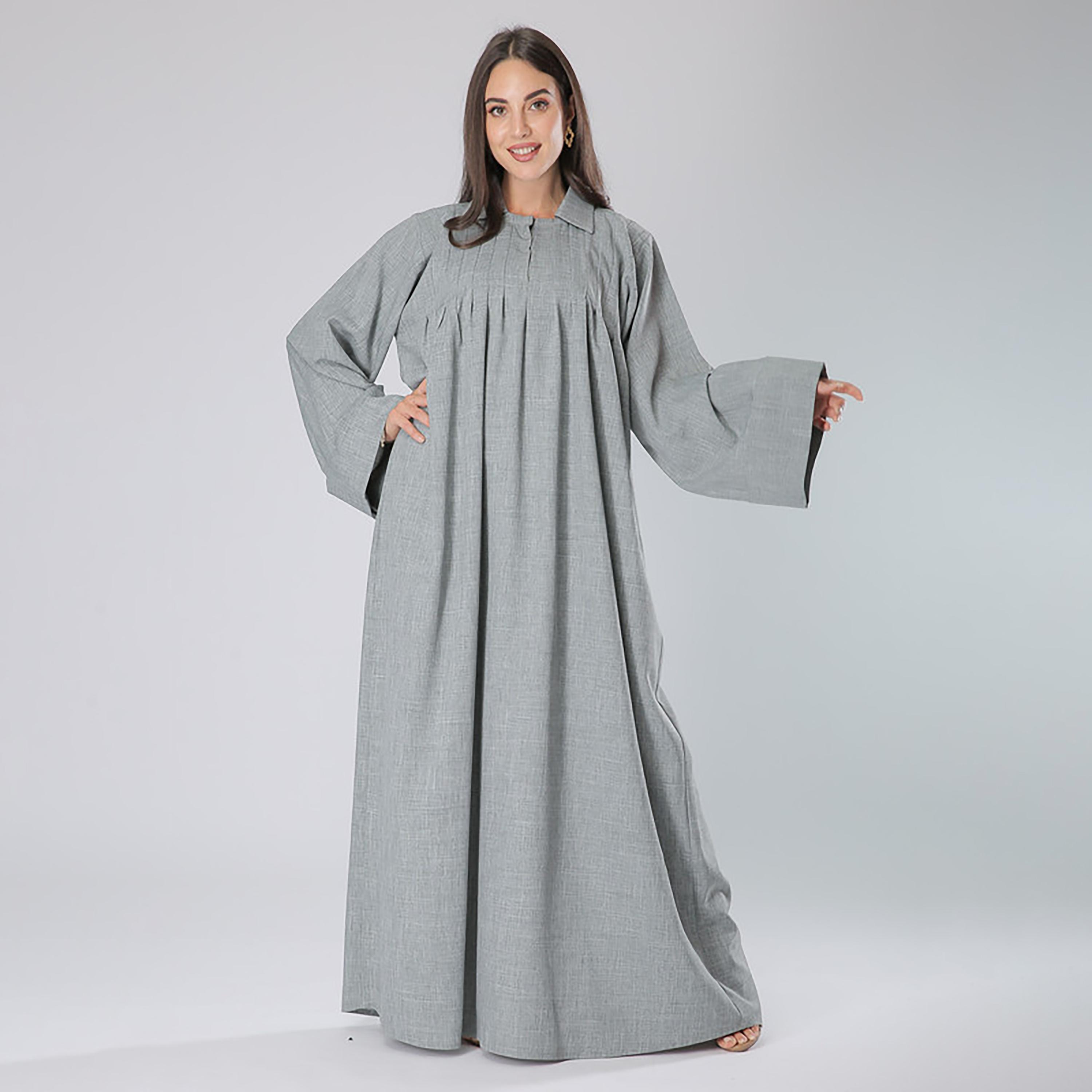 MOiSTREET Grey Pleated Collared Flared Sleeves Abaya with Sheila-women-arabicclothing-abayas-image-1
