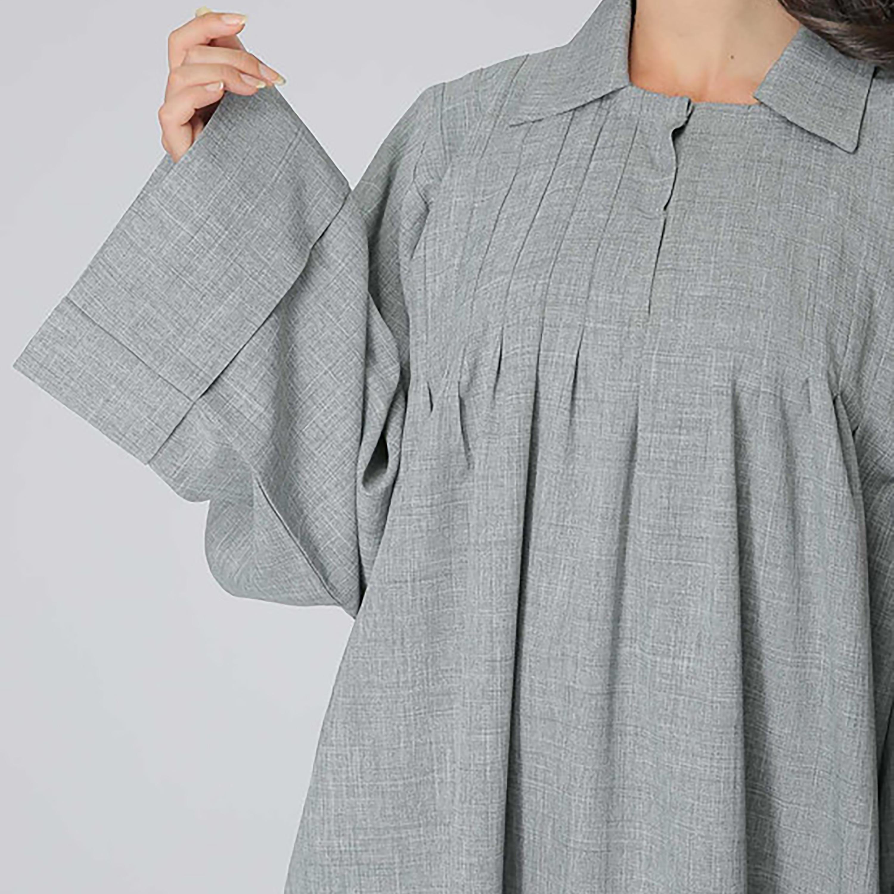MOiSTREET Grey Pleated Collared Flared Sleeves Abaya with Sheila-women-arabicclothing-abayas-image-2