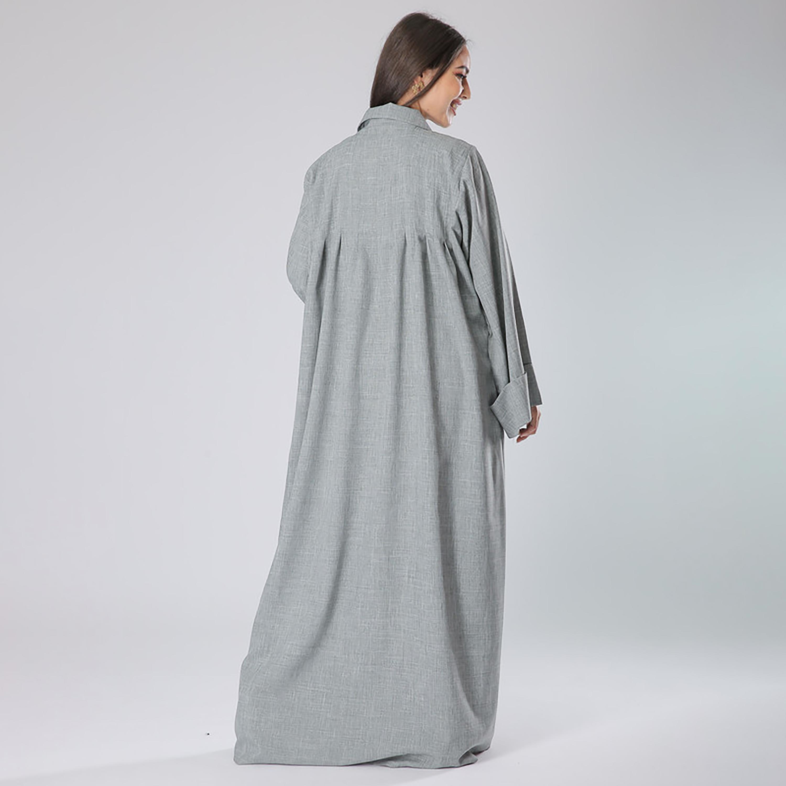 MOiSTREET Grey Pleated Collared Flared Sleeves Abaya with Sheila-women-arabicclothing-abayas-image-4